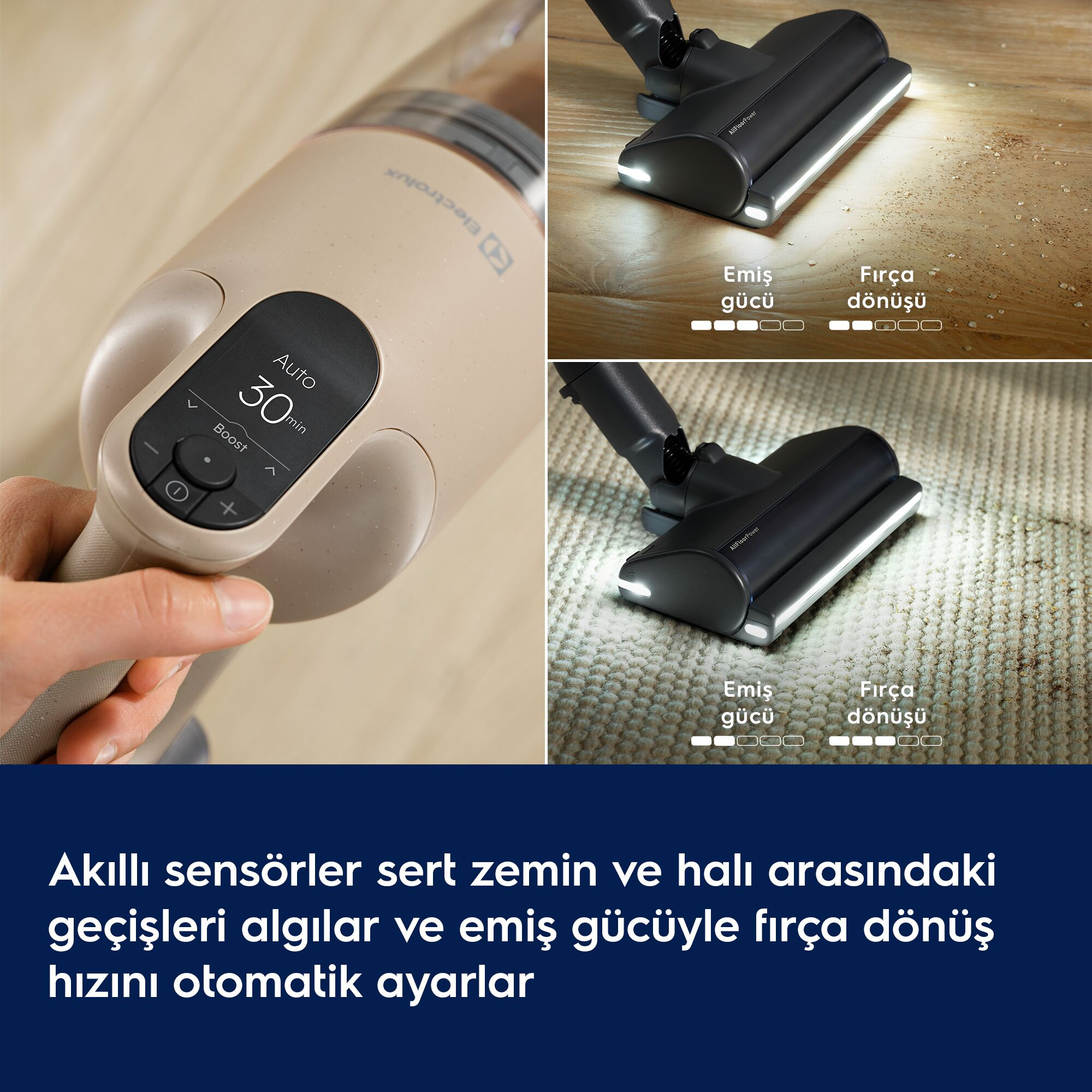 Kablosuz süpürge, sert zemin ve halılarda emiş gücünü ve fırça hızını otomatik ayarlar.