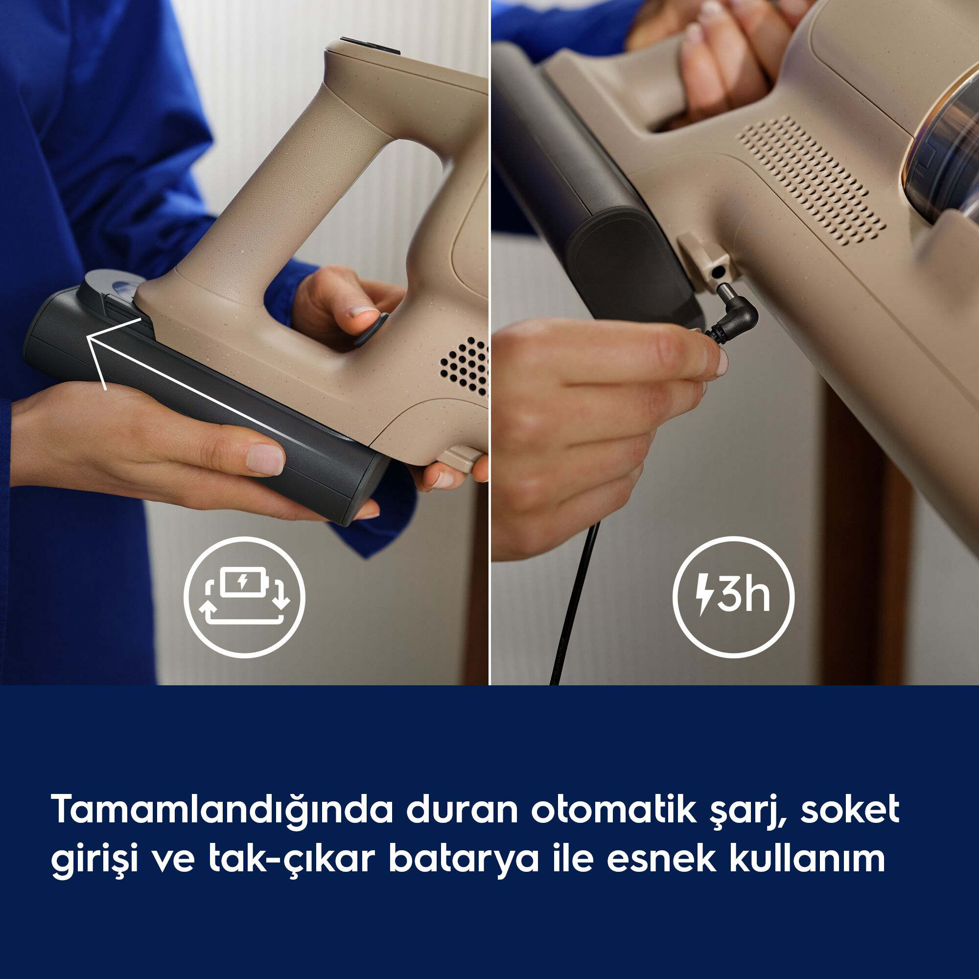 Şarj edilen kablosuz süpürge: şarj kablosunun takılması ve çıkarılabilir bataryanın yerleştirilmesi.