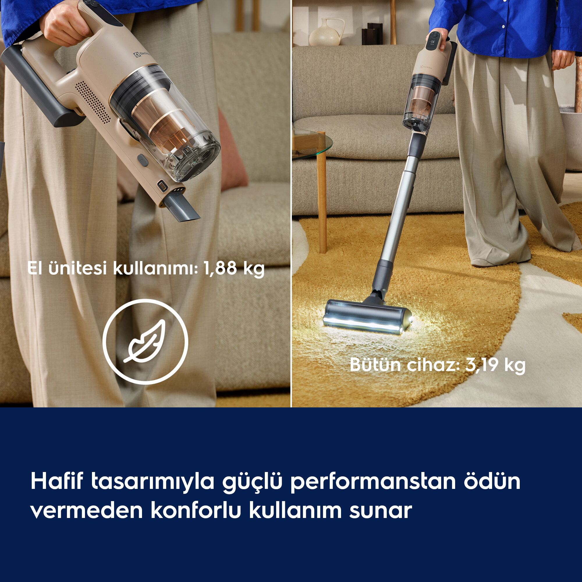Bir kişi halı üzerinde elde ve tüm cihaz modunda gösterilen hafif kablosuz süpürgeyi tutuyor.