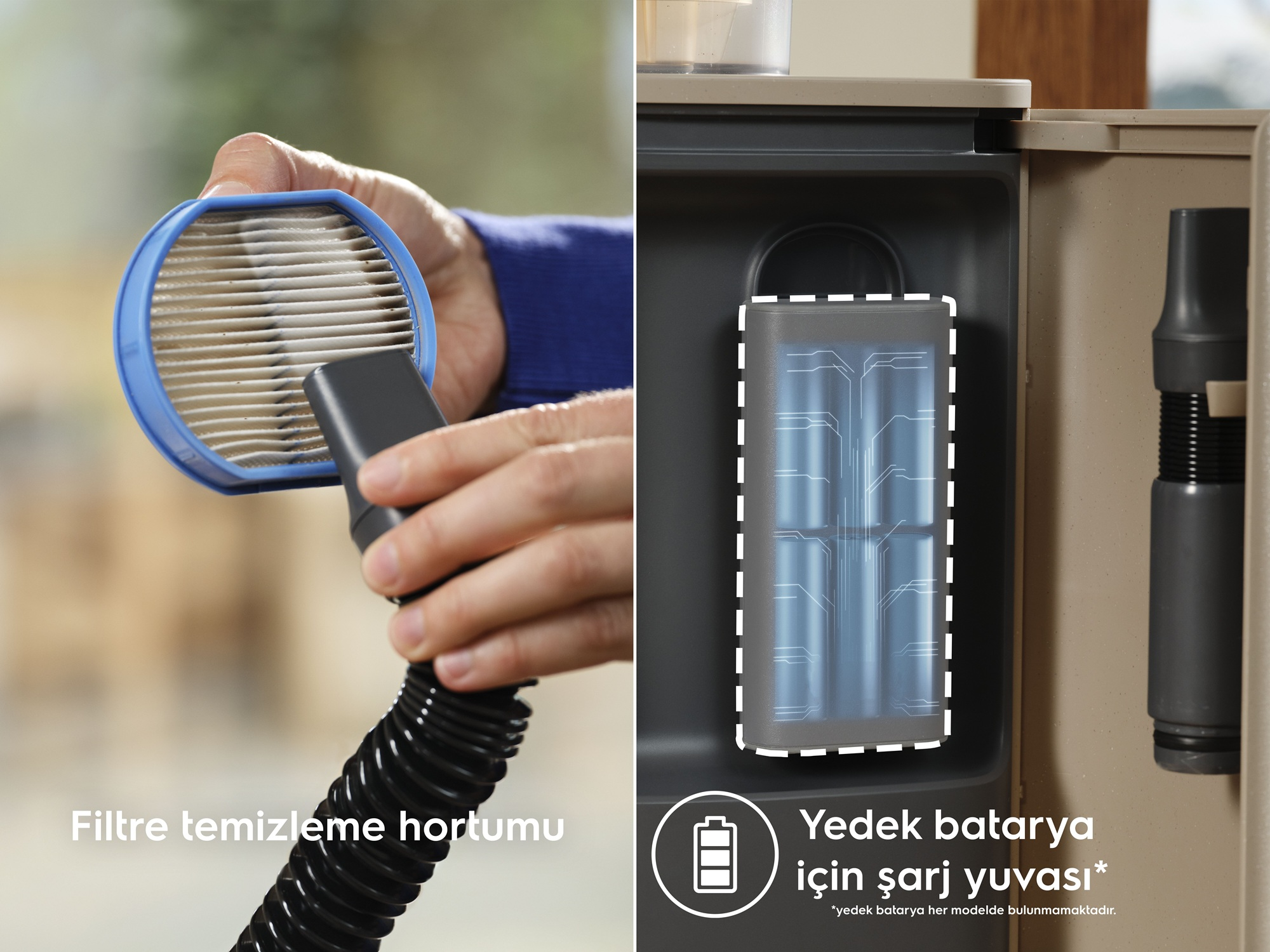 Bölünmüş ekran, hortumlu bir vakum filtresini ve bir pil şarj yuvasını gösterir.
