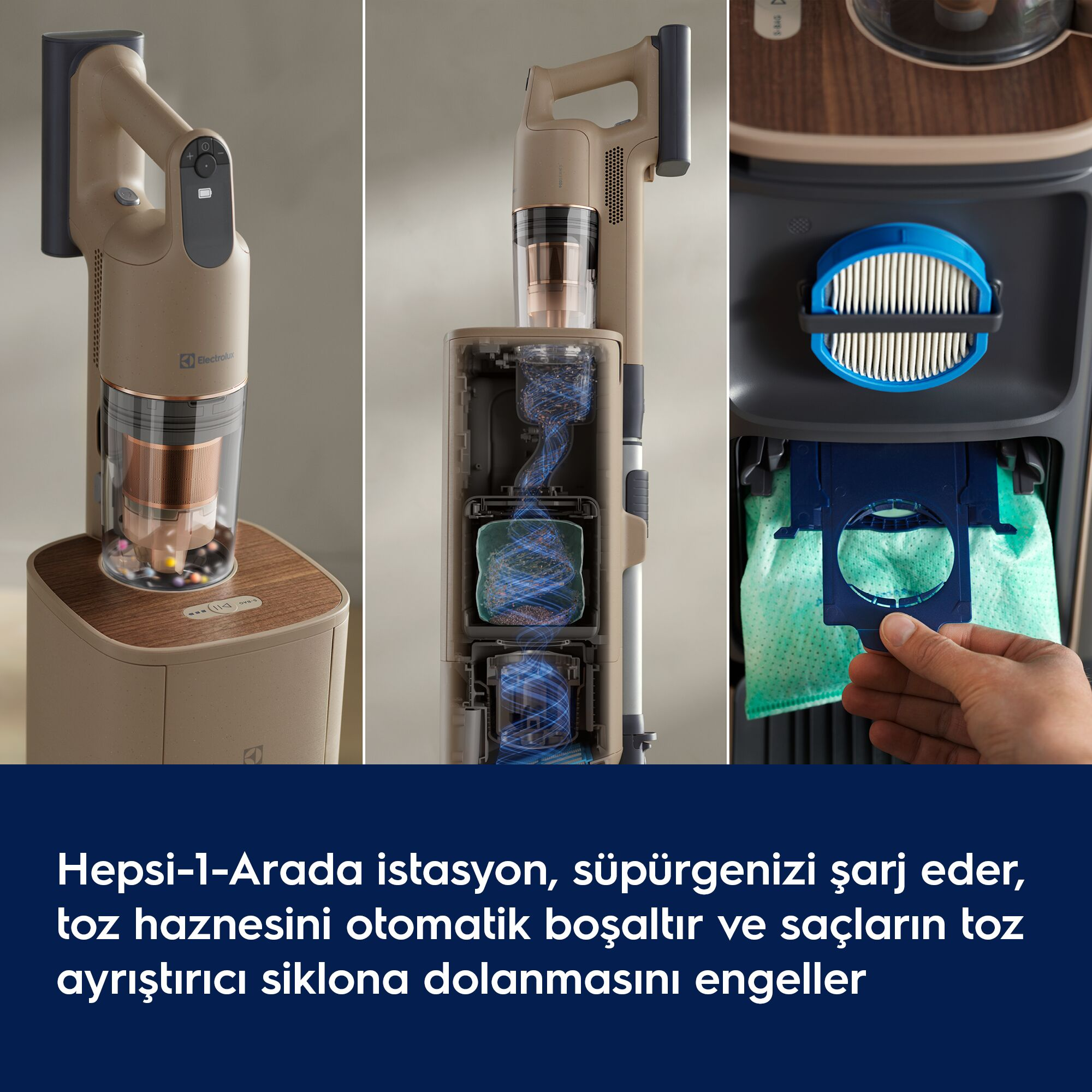 Hepsi bir arada istasyon şarj eder, toz haznesini boşaltır ve siklonda saç dolanmasını önler.