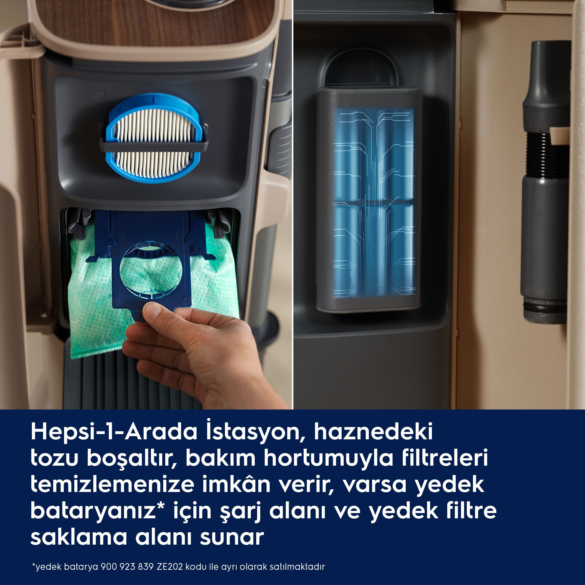 Hepsi bir arada istasyon toz boşaltır, hortumla filtre temizler, pil şarj alanı ve yedek filtre saklama sunar.