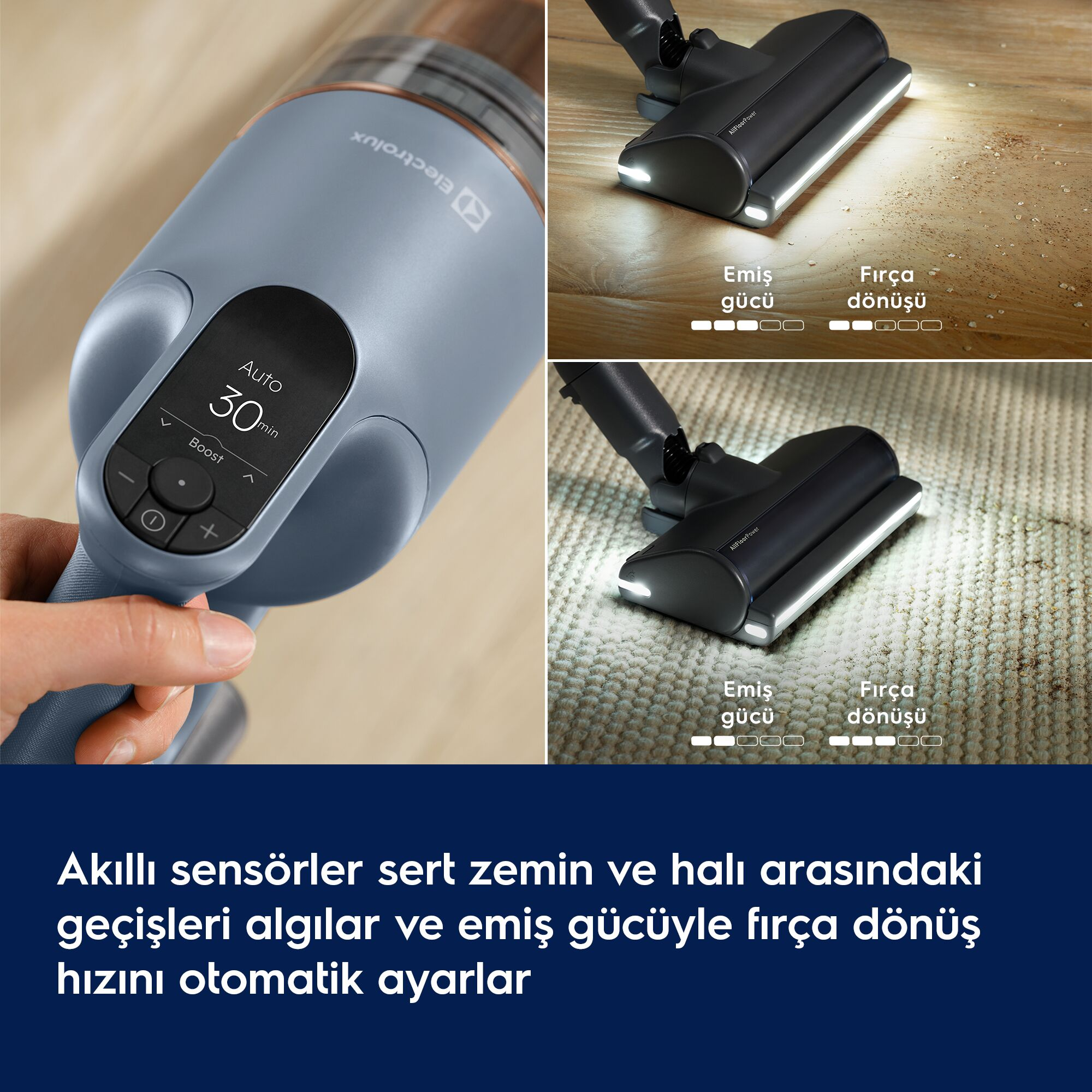 Otomatik güç ayarı için akıllı sensörlü kablosuz süpürge.