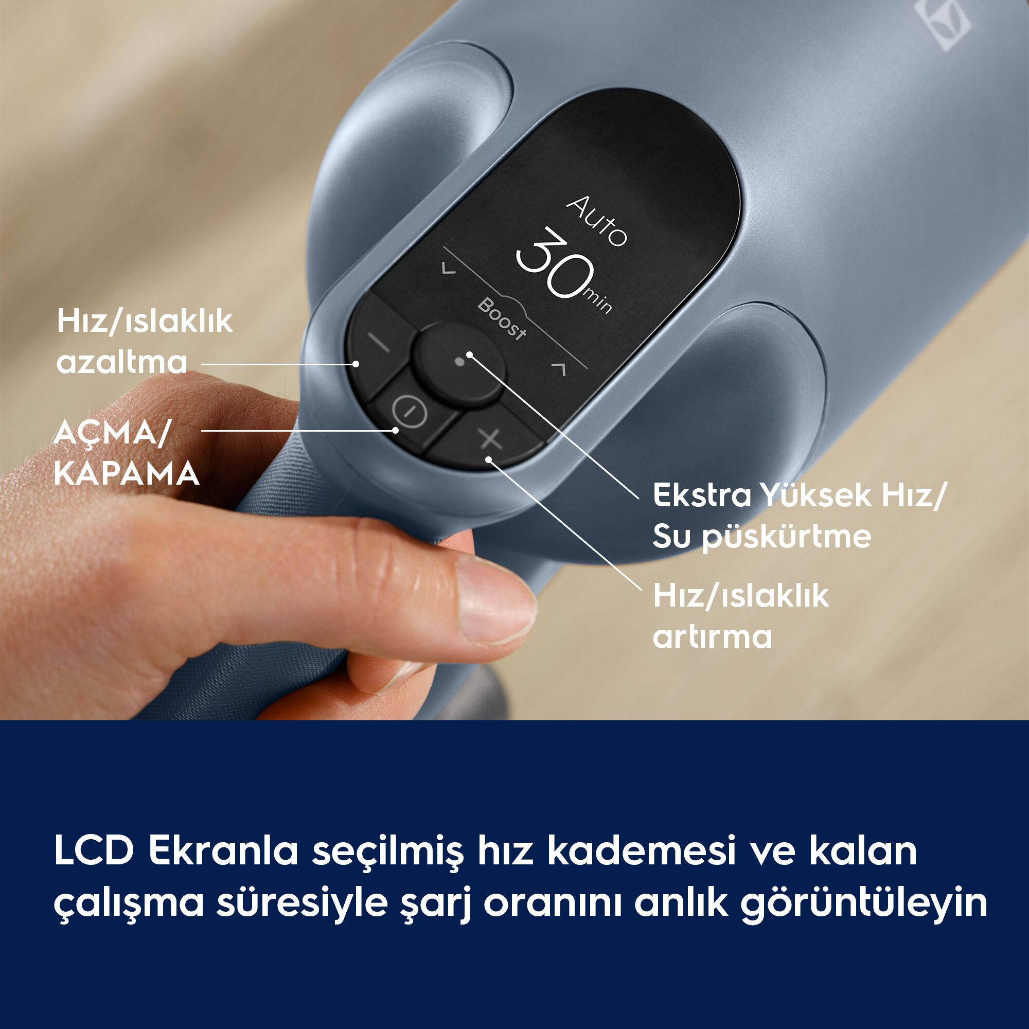 Türkçe etiketli LCD ekranlı mavi cihazı tutan bir elin yakın plan görüntüsü.
