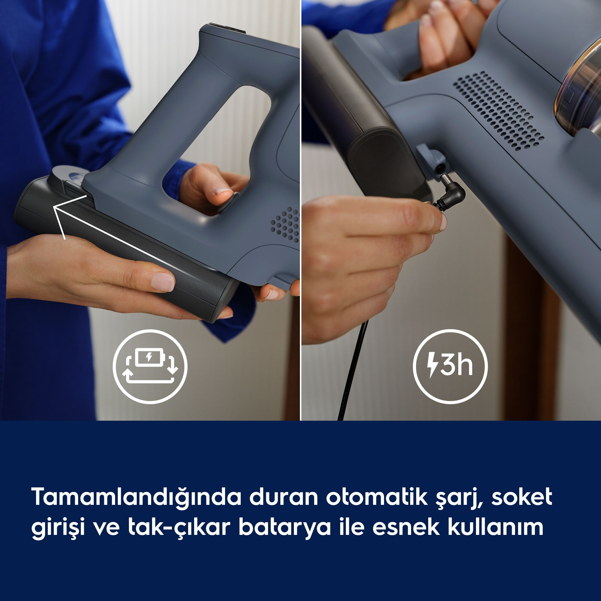 Eller gri bir elektrikli süpürgeyi tutuyor, bataryayı takıyor ve şarj kablosunu bağlıyor.