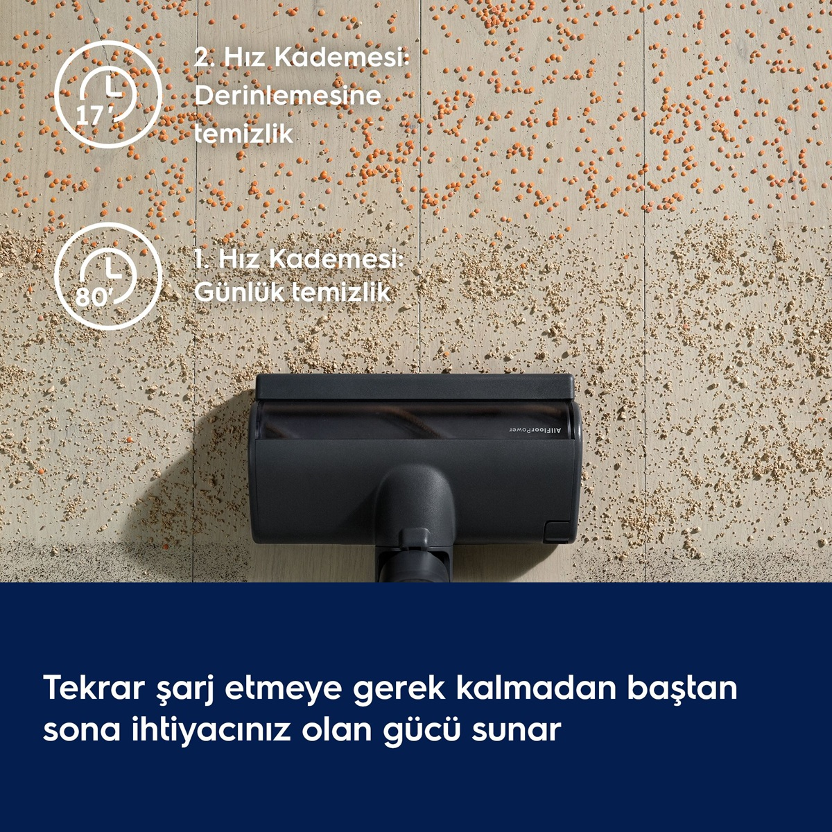Ahşap zeminde mercimek ve tozların üzerindeki elektrik süpürgesi başlığı ve çalışma süreleri.