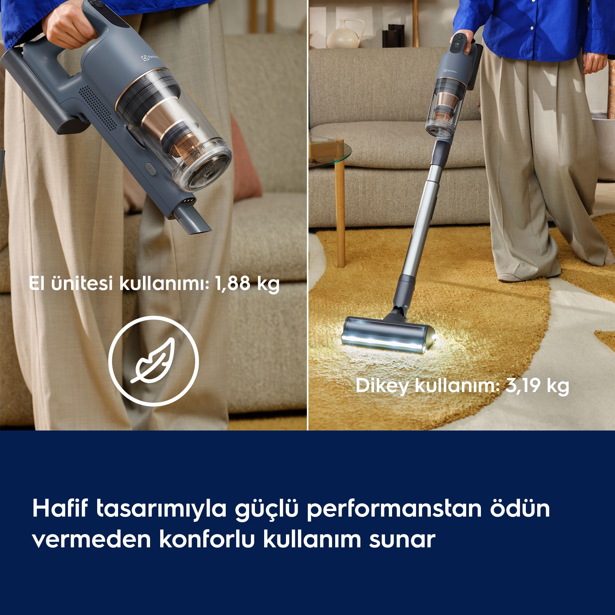 Elde ve halıda kullanılan kablosuz dikey süpürge.