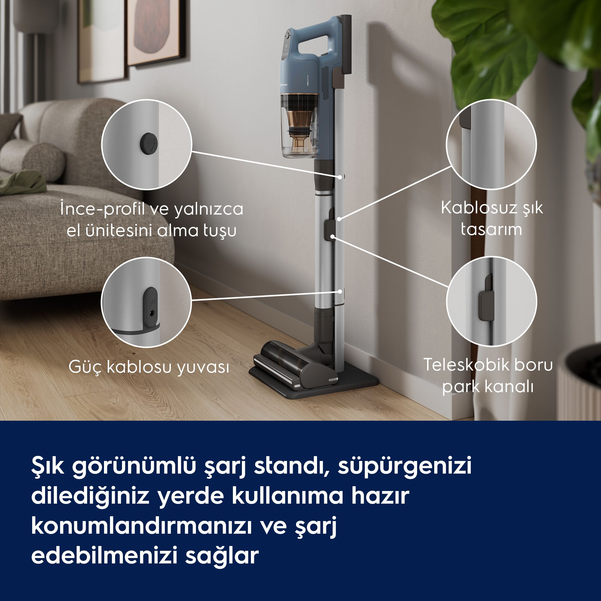 Şarj standında gri dikey süpürge, detay görselleri ve açıklayıcı yazıyla.