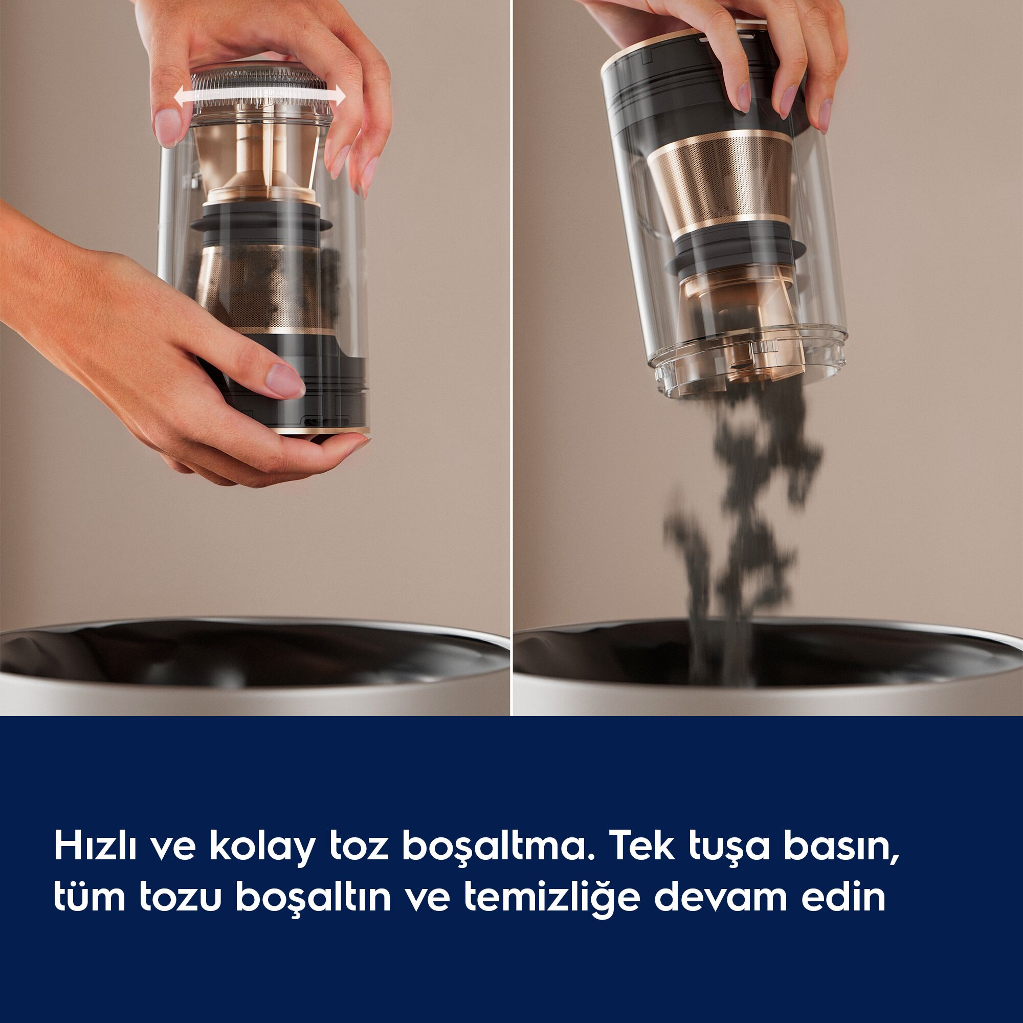 Eller, bir süpürgenin toz haznesini çöp kutusuna boşaltıyor.
