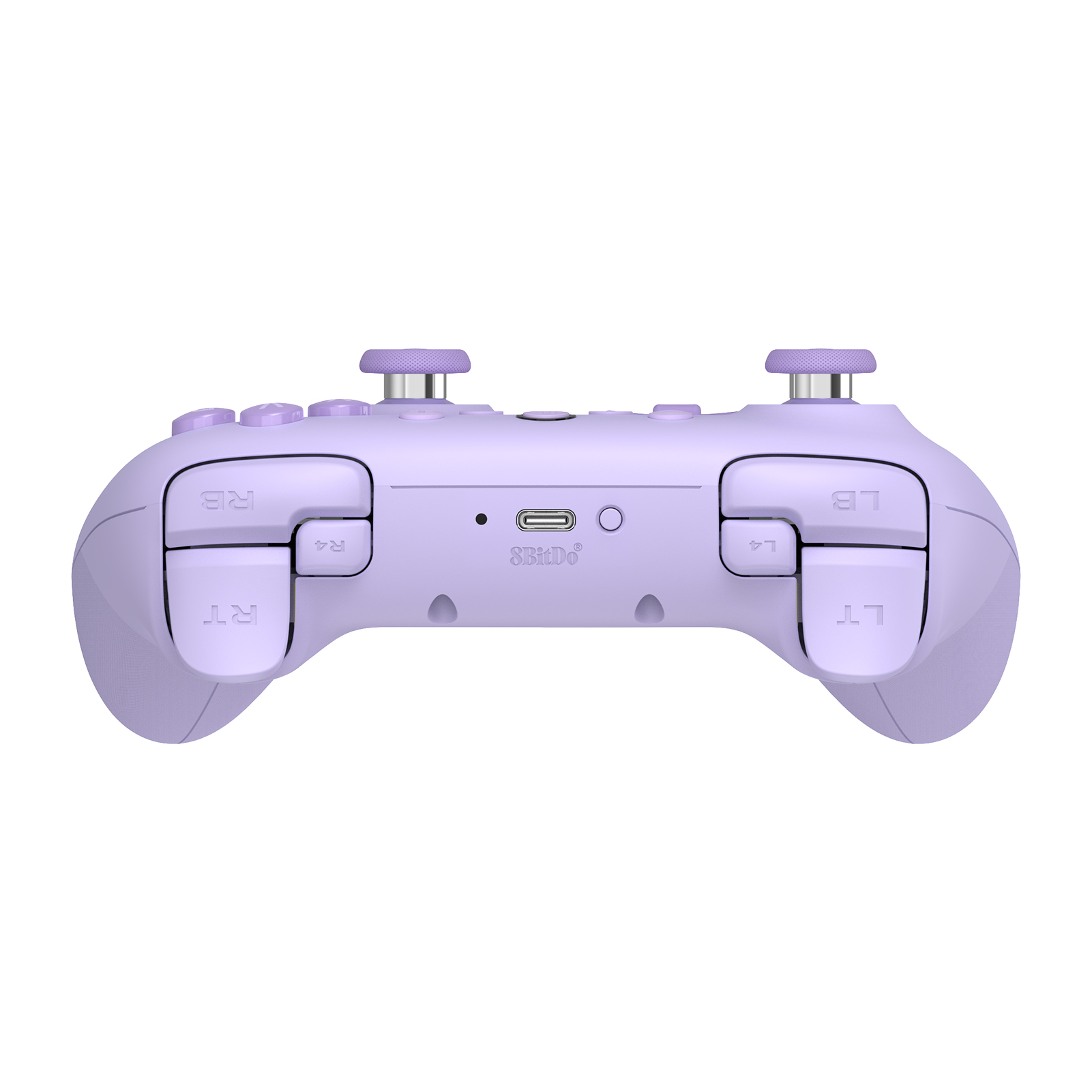 Omuz tuşları, joystick'ler ve bir USB-C bağlantı noktasına sahip mor 8BitDo oyun kontrolcüsünün üstten görünümü.