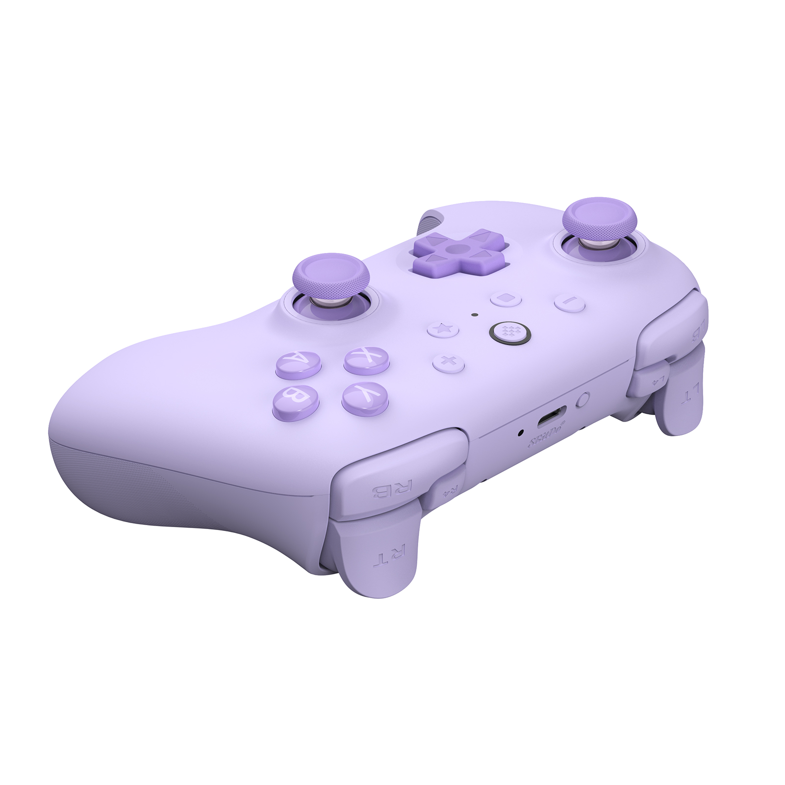 Beyaz arka planda cift joystick ve ABXY tuslarina sahip acik mor kablosuz video oyun kumandasi.