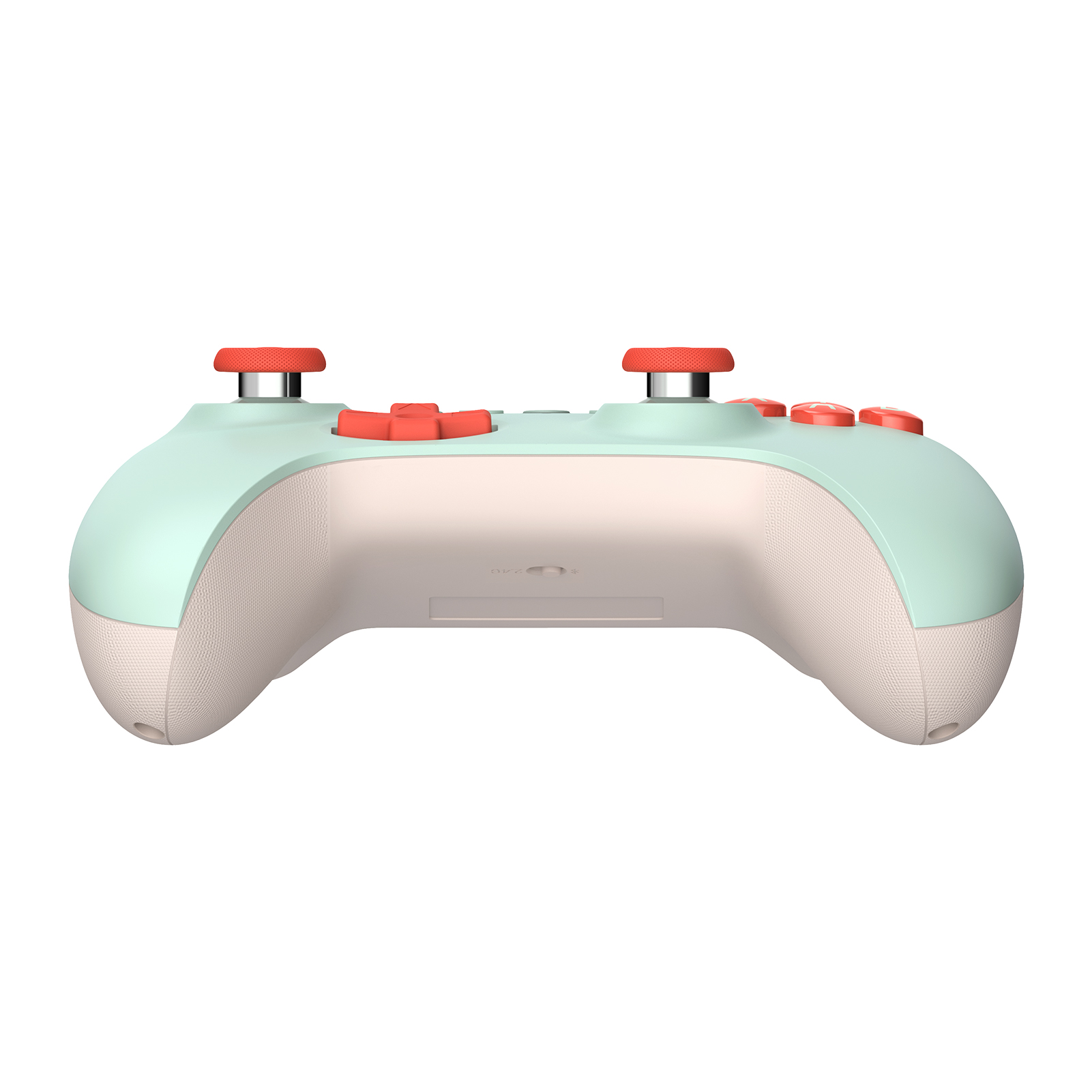 Beyaz arka planda kırmızı joystick'ler ve düğmeler bulunan pastel yeşil ve bej renkli oyun kumandası.
