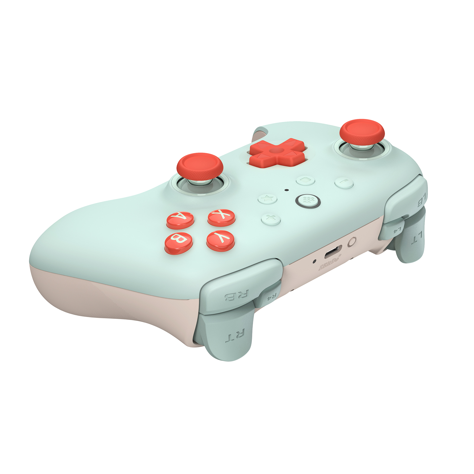 Beyaz arka planda kırmızı joystick'ler, eylem düğmeleri ve yön tuşları bulunan açık mavi ve pembe oyun kumandası.
