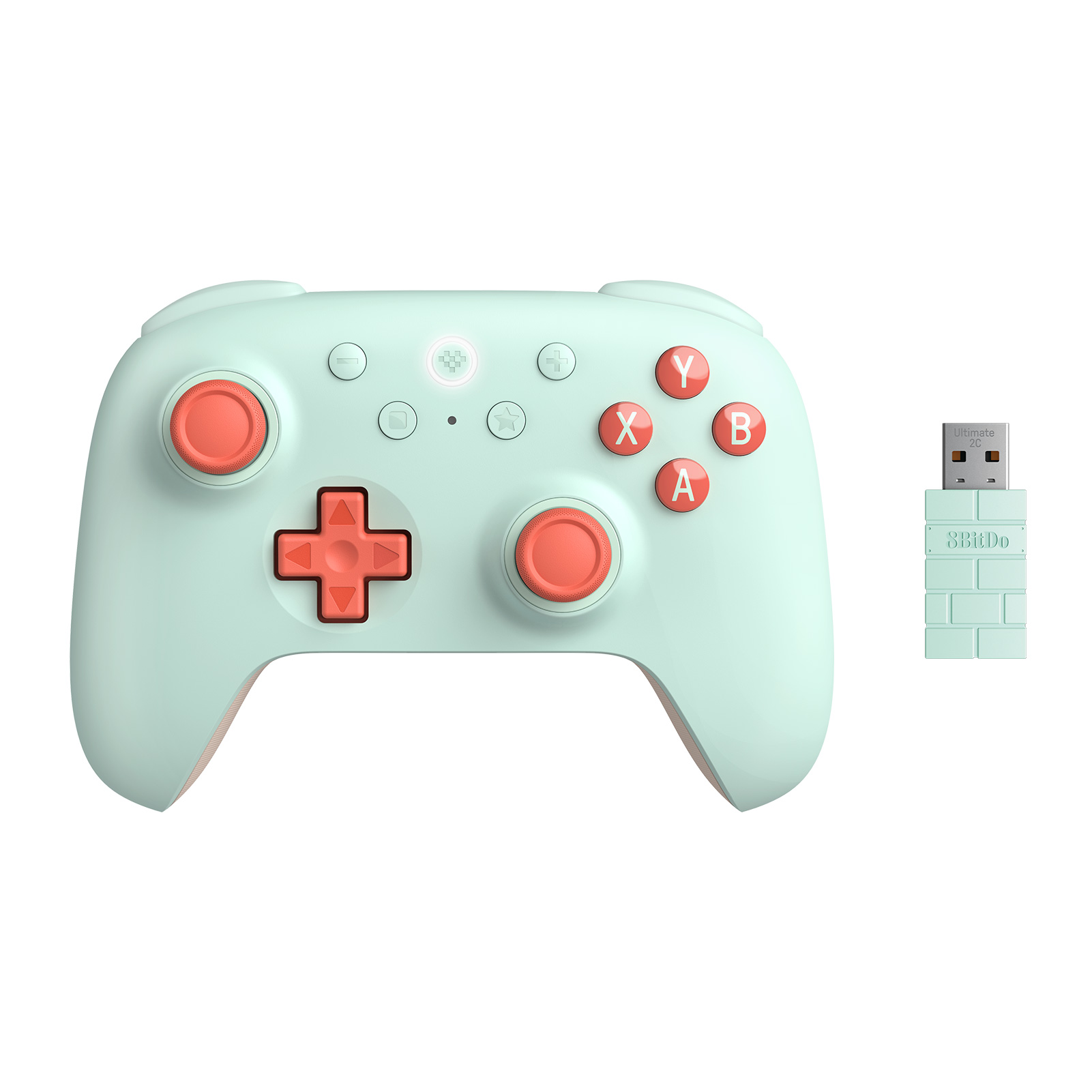 Turuncu tuşlu ve joysticksiz, nane yeşili kablosuz oyun kumandası ve yanında beyaz arka planda uyumlu bir USB alıcı.