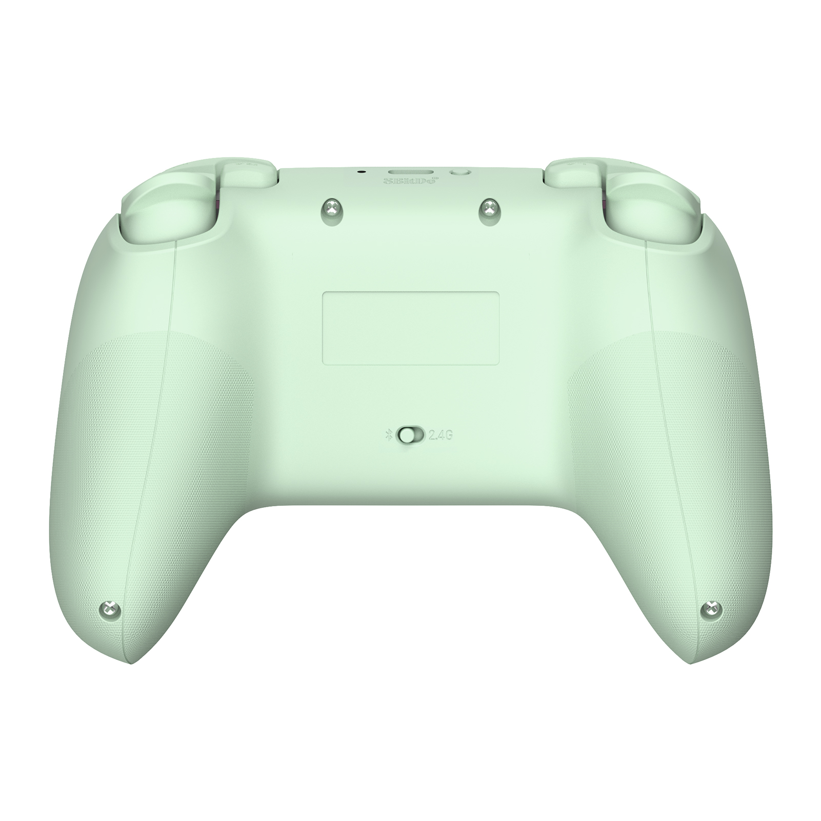 Beyaz arka planda dokulu tutma yerleri ve mod anahtarı olan açık yeşil 8BitDo kontrol cihazının arka görünümü.