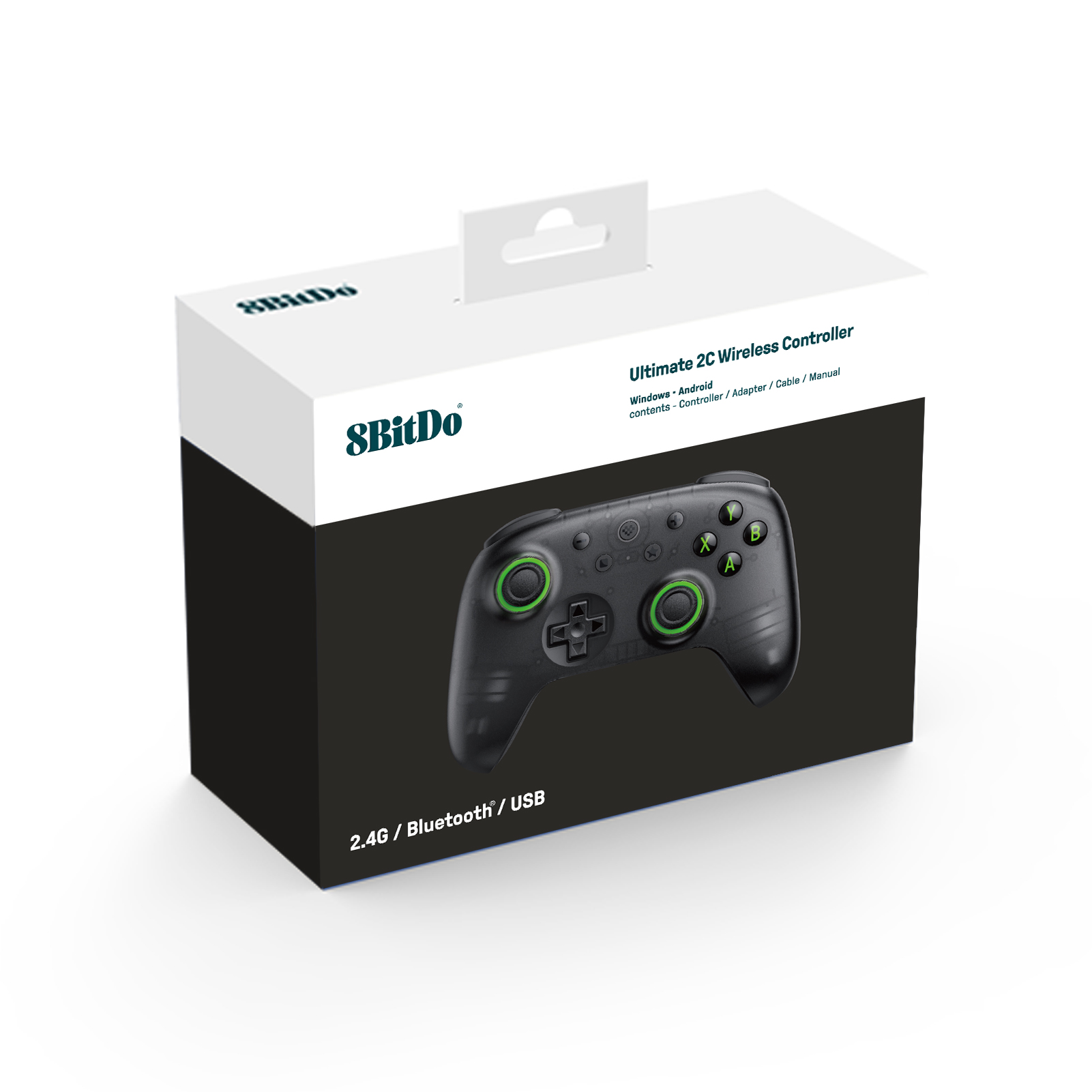 Yesil detayli 8BitDo Ultimate 2C Kablosuz Kontrol Cihazi icin beyaz ve siyah urun kutusu.
