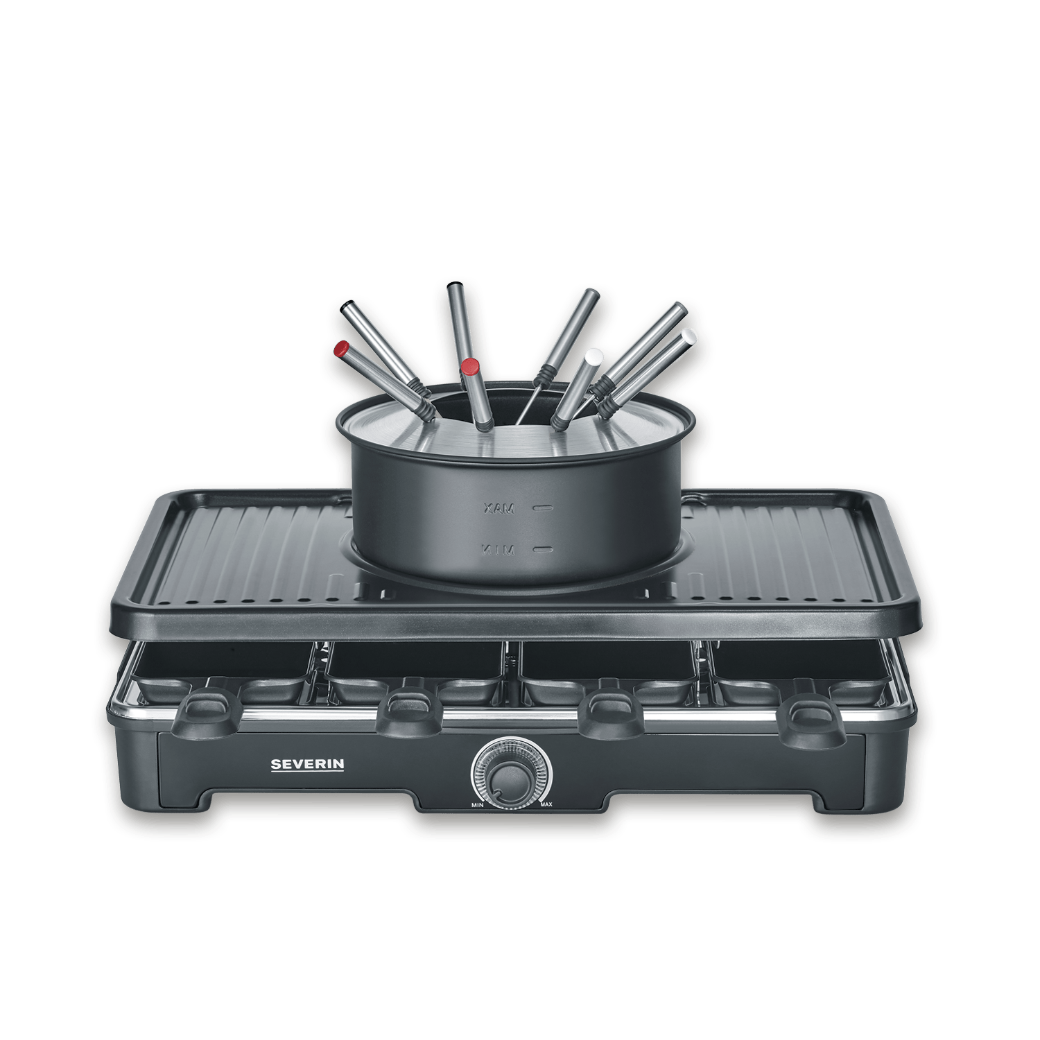 Severin Raclette-Grill mit oberem Topf und Fonduegabeln vor schwarzem Hintergrund.