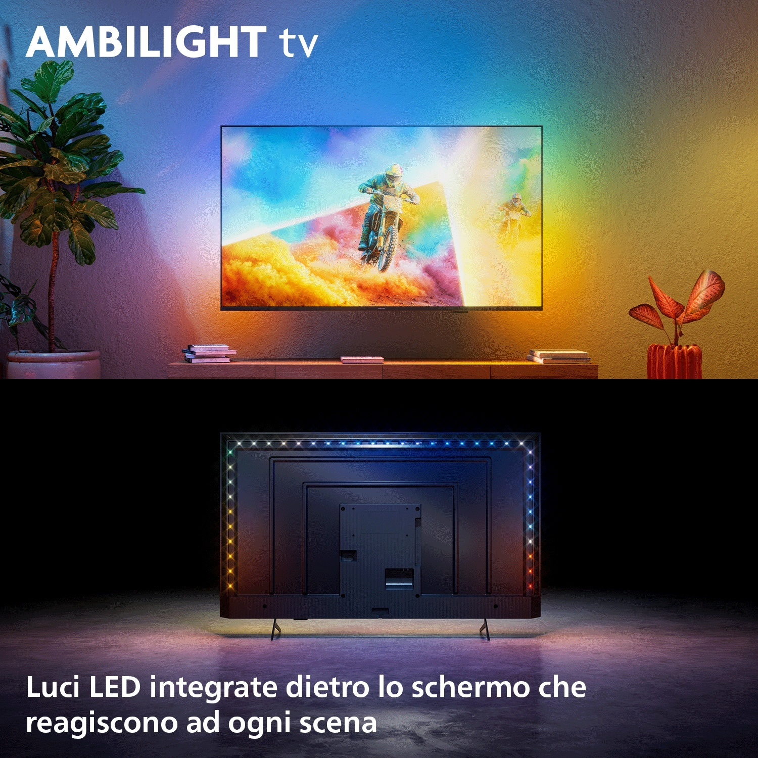 TV Ambilight mostra una scena di motocross con retroilluminazione a LED.