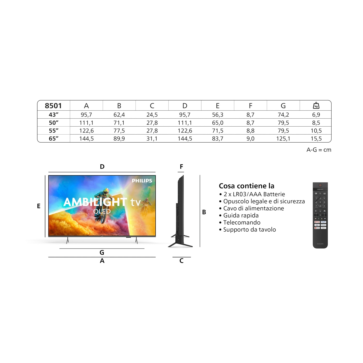 Tabella e diagrammi che mostrano dimensioni e contenuto della confezione di una TV Philips Ambilight.
