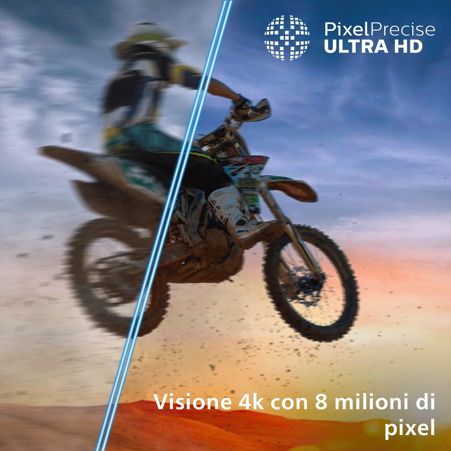 Un pilota di motocross salta in aria su una pista polverosa, con testi sovrapposti.