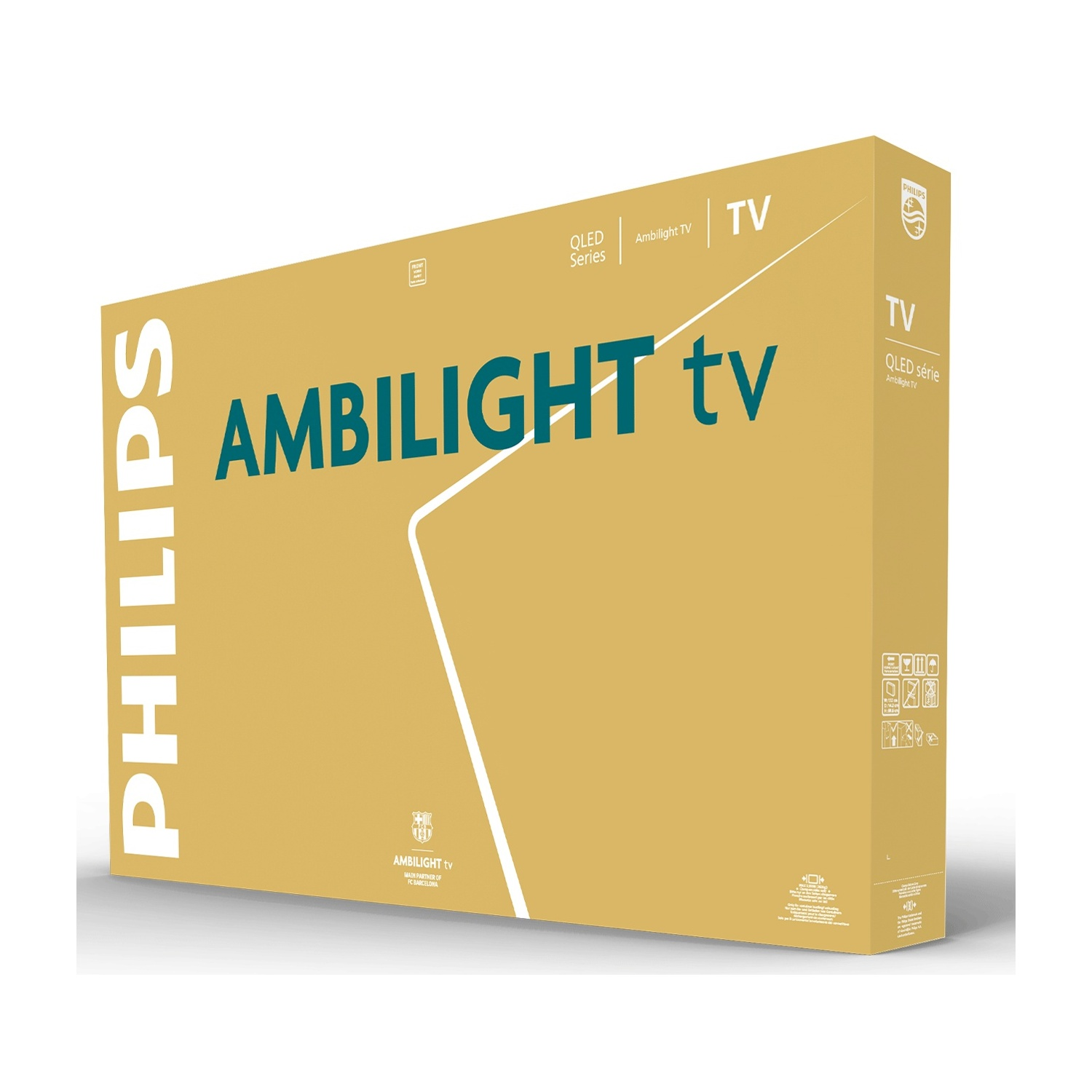 Scatola di imballaggio gialla per una TV Philips Ambilight QLED con scritte bianche e verdi.