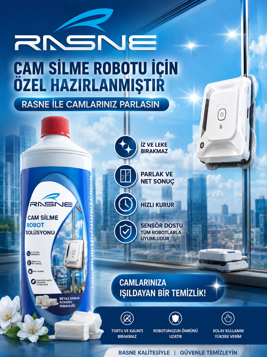 Şişe, beyaz sabun ve şehir arka planına sahip Rasne cam silme robotu solüsyonu reklamı.