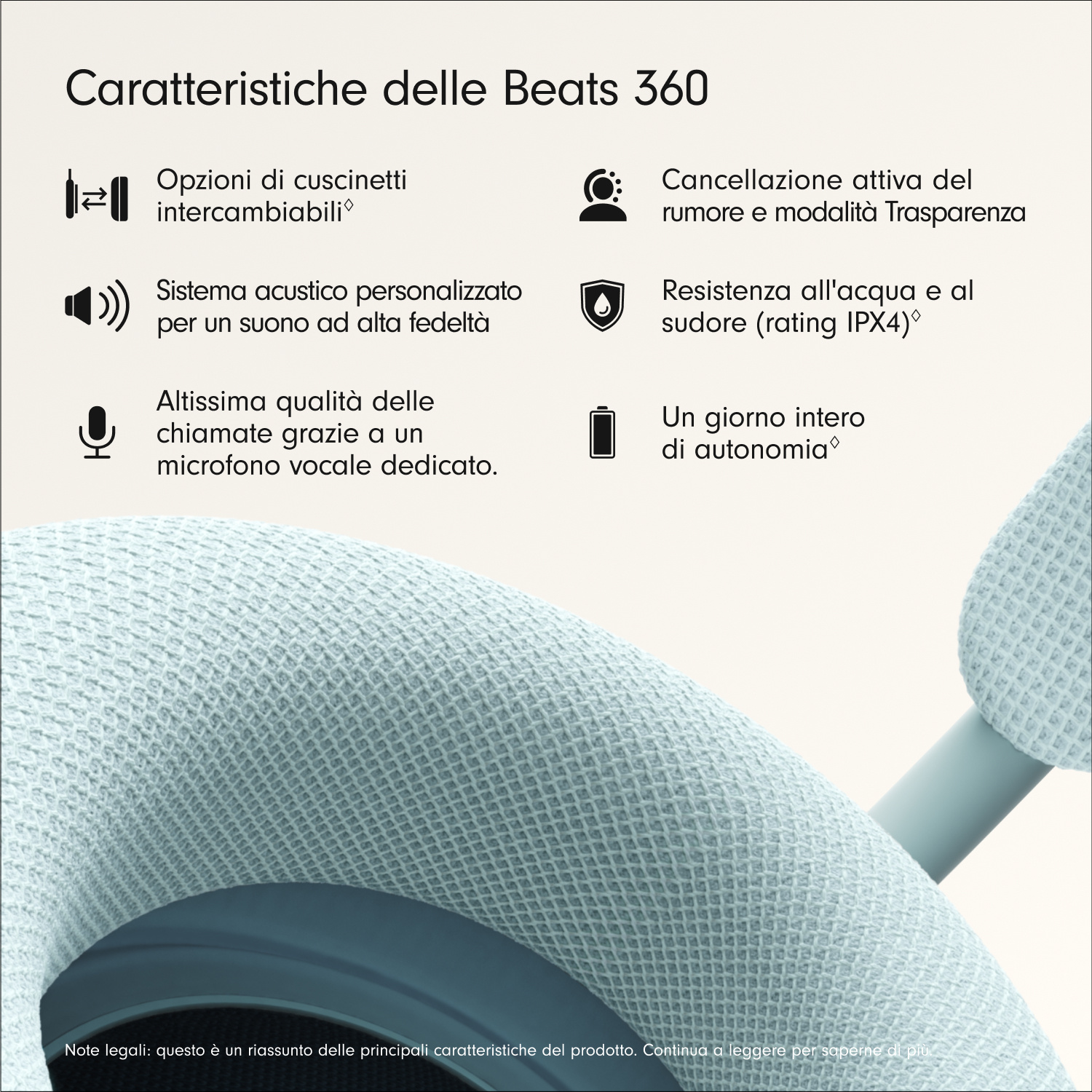 Caratteristiche delle cuffie Beats 360 con icone e testo su sfondo beige e primo piano di cuscinetti auricolari blu.