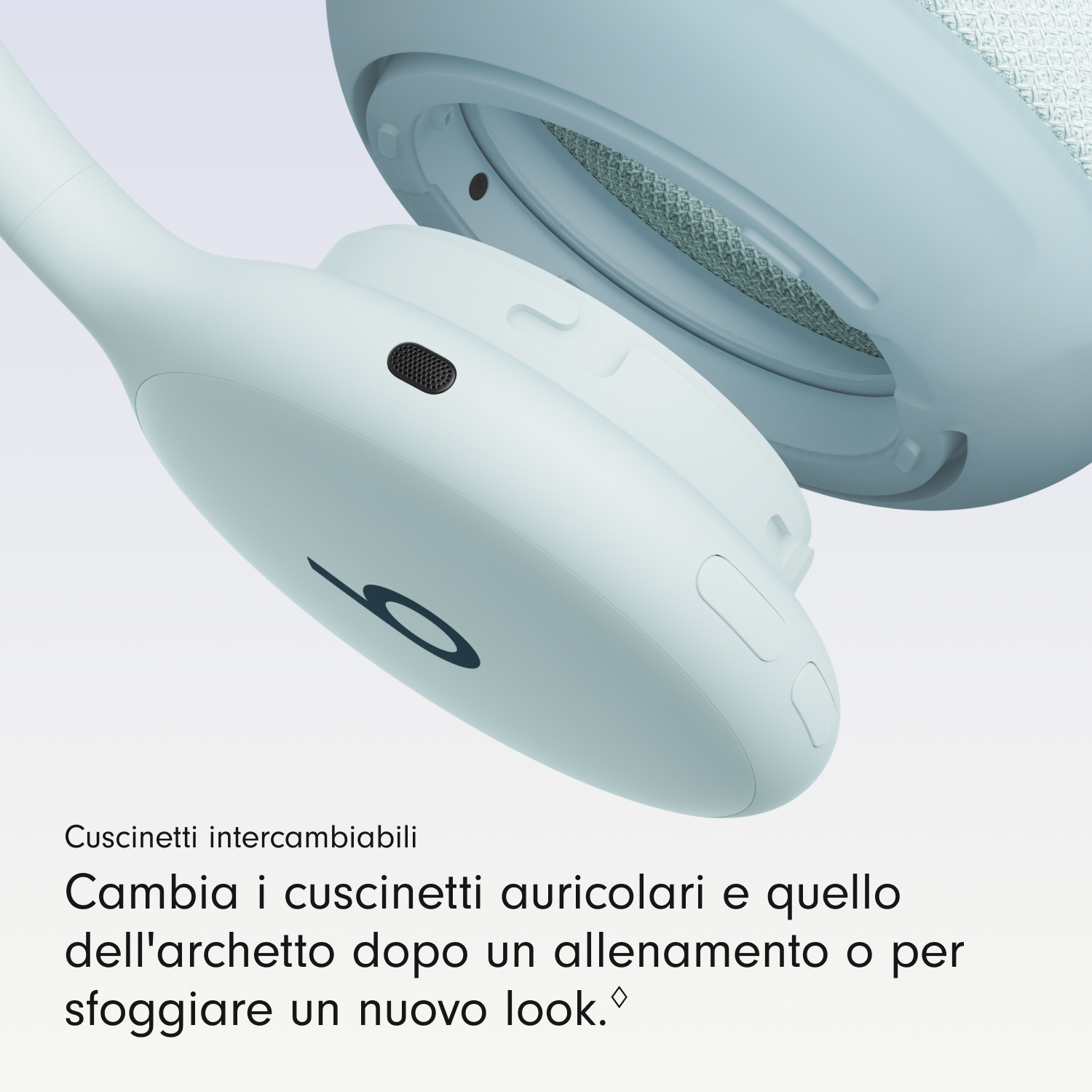 Cuffie azzurre con cuscinetti intercambiabili e testo in basso.