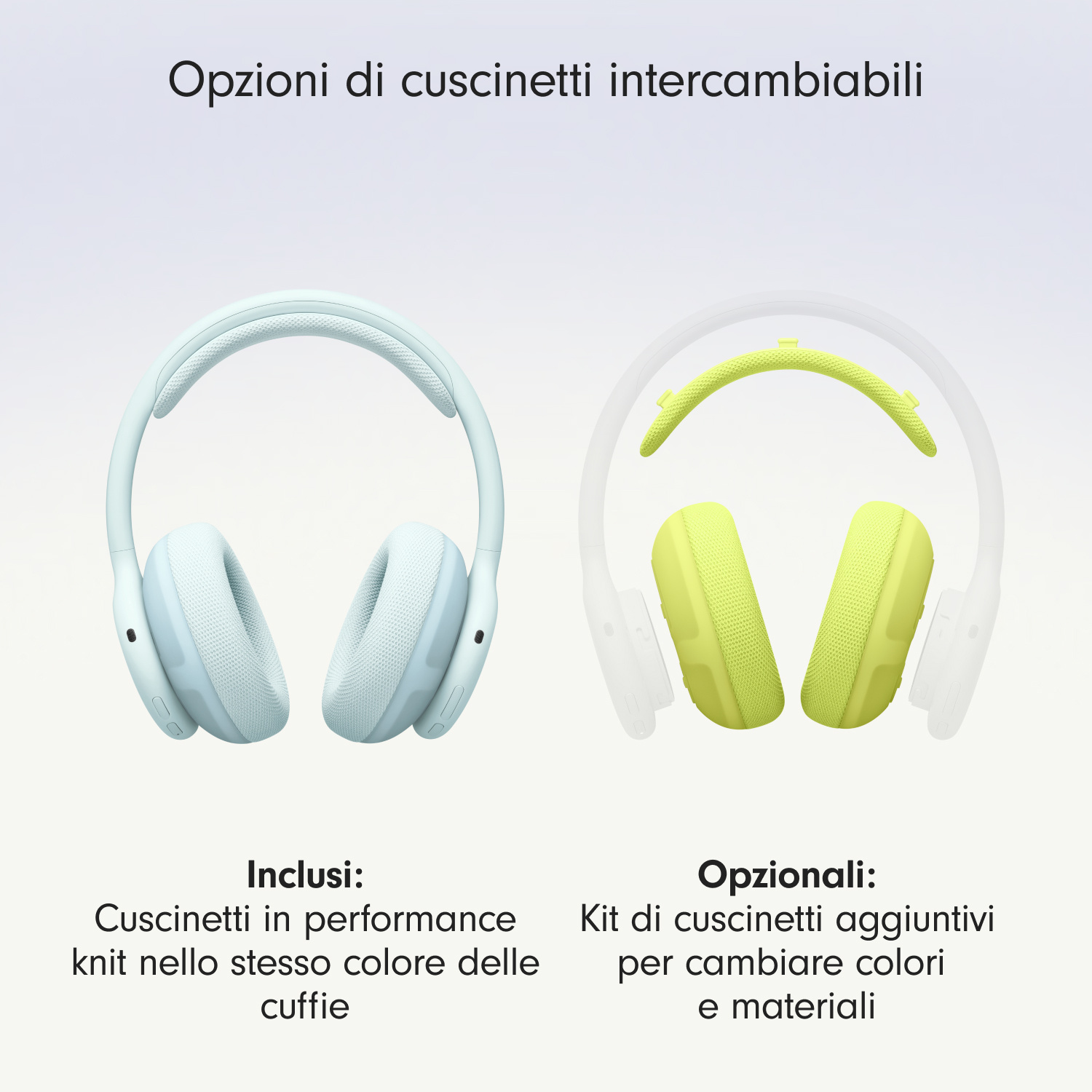 Opzioni di cuscinetti auricolari intercambiabili con kit inclusi e opzionali.