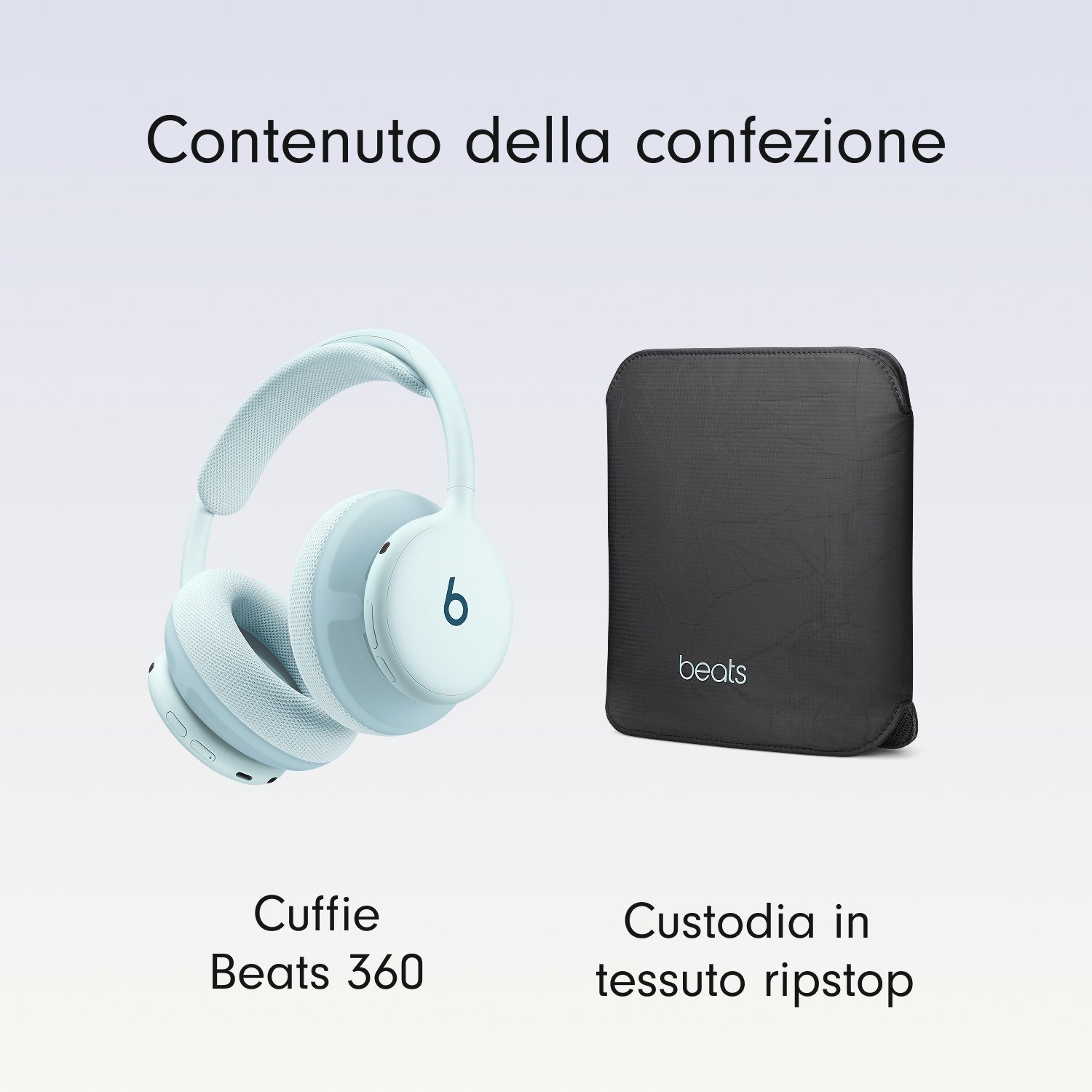 Cuffie Beats azzurre e custodia in tessuto nero su sfondo grigio.
