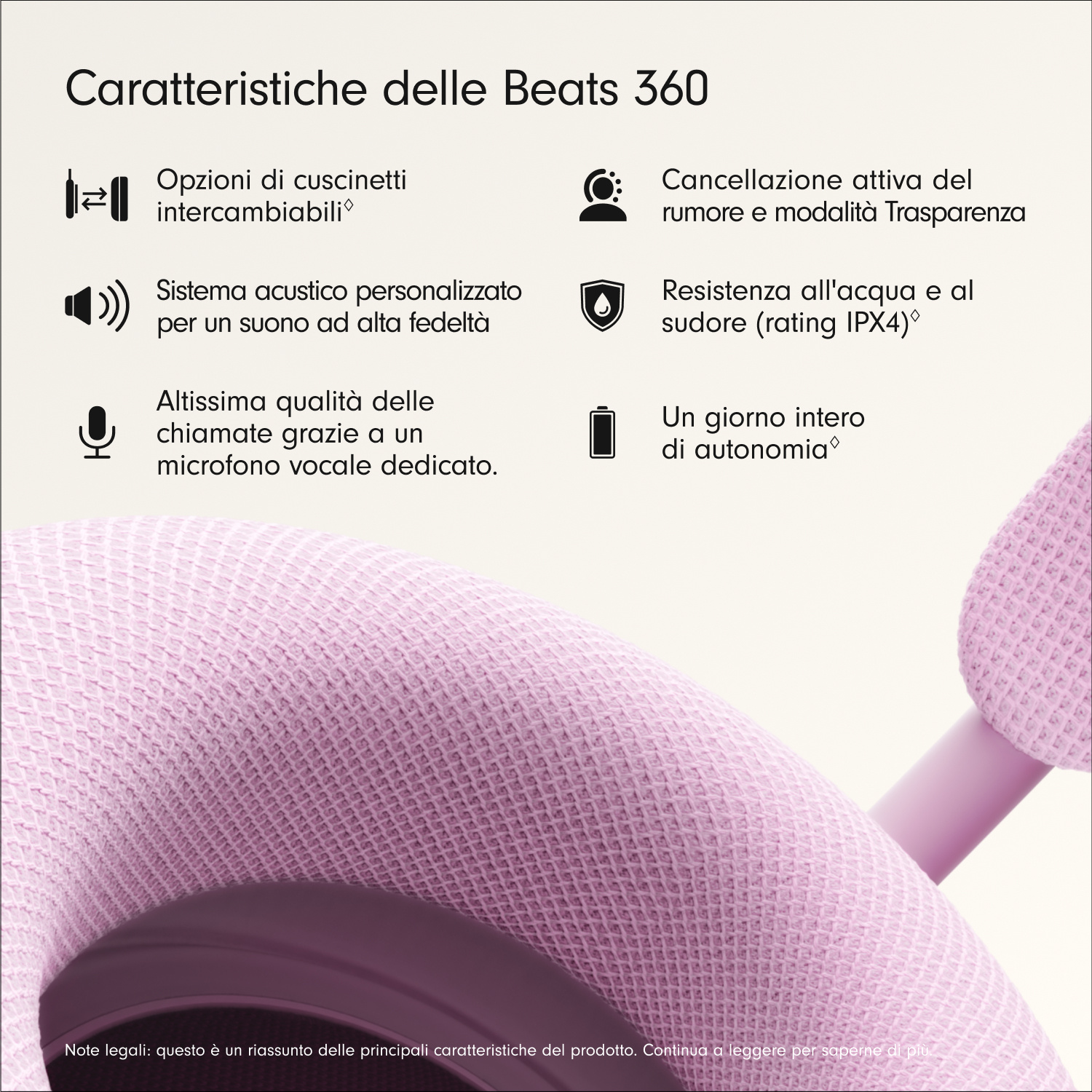 Caratteristiche delle cuffie Beats 360 con cuscinetti rosa e icone che mostrano funzioni come ANC e autonomia.
