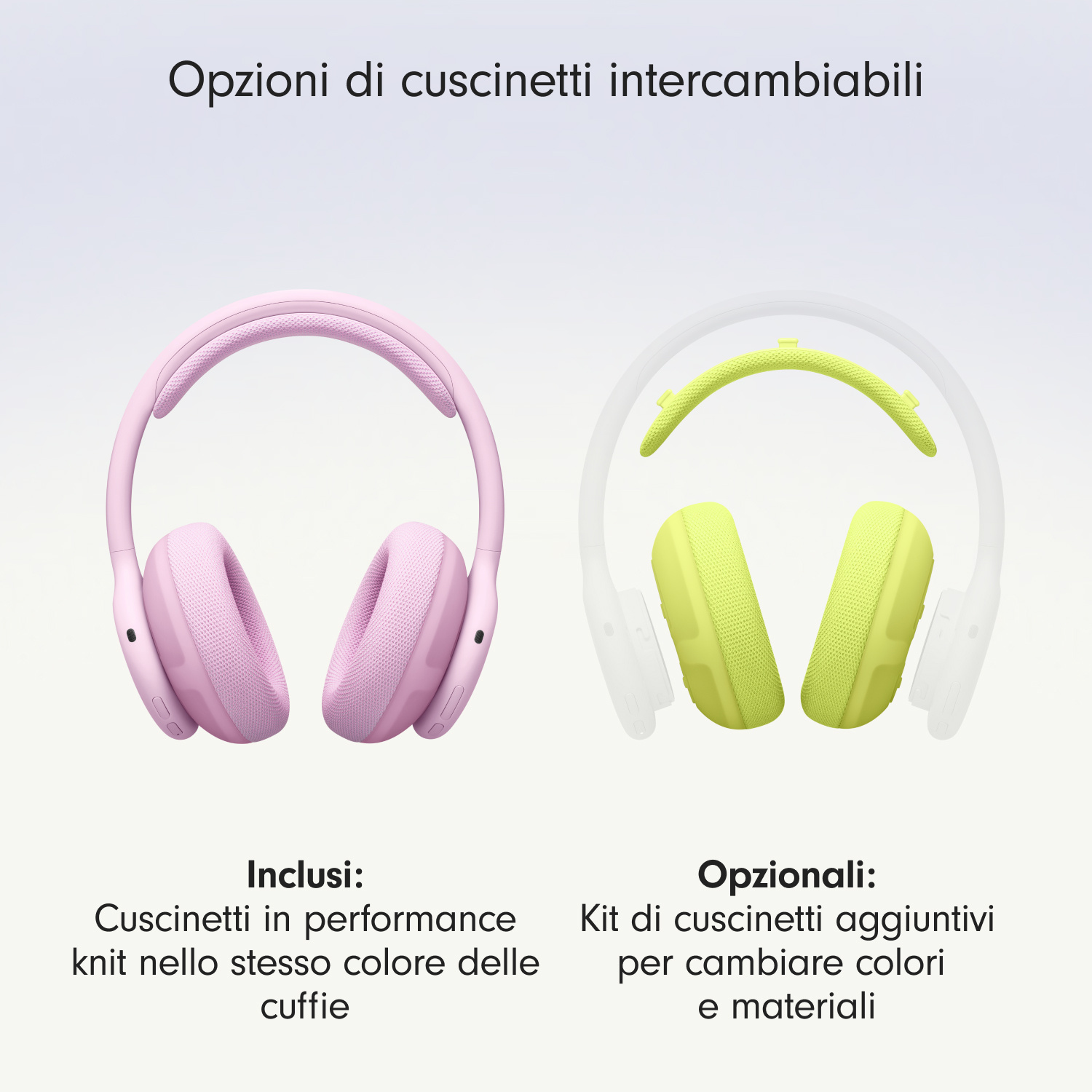 Cuffie rosa con cuscinetti e archetto gialli intercambiabili su sfondo chiaro.