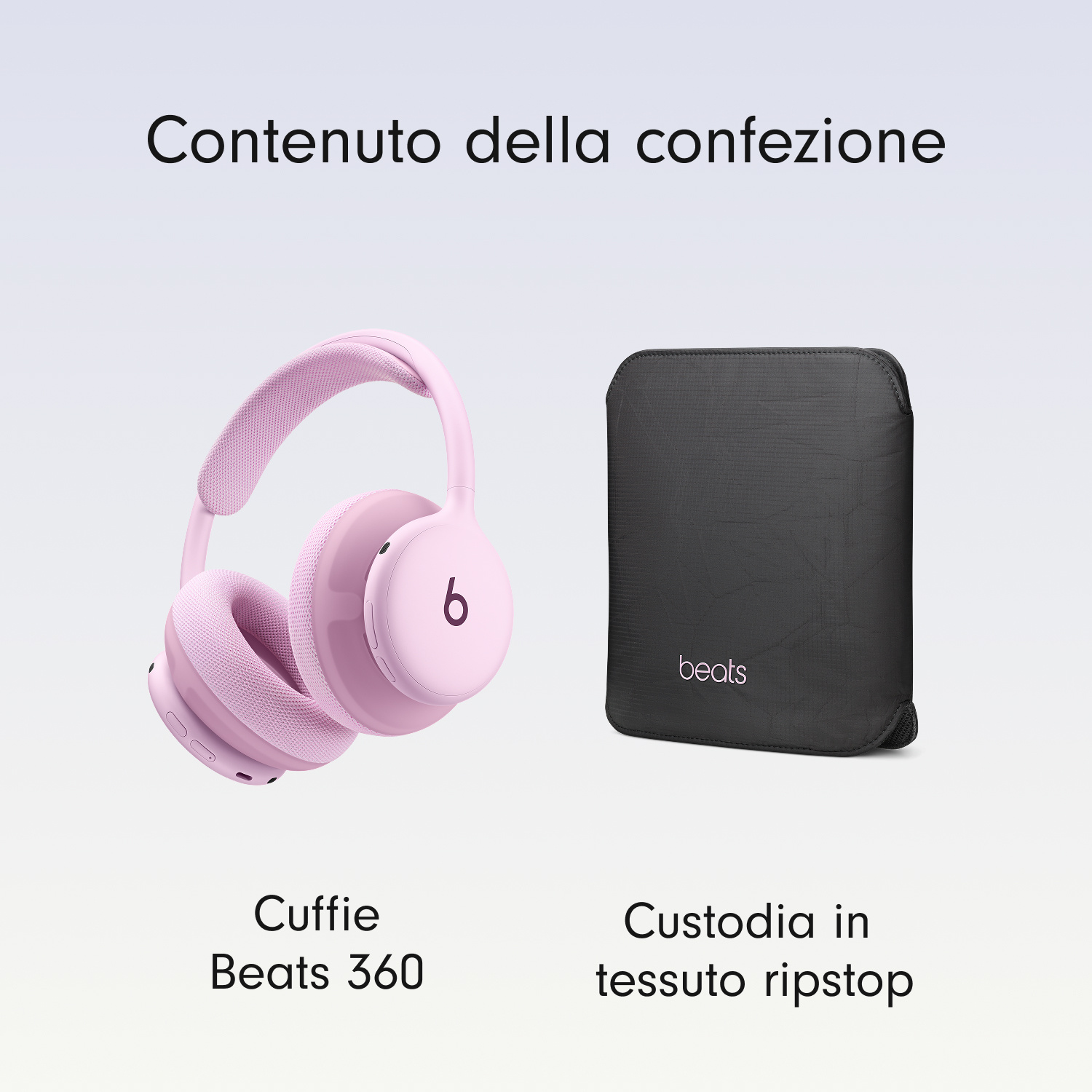 Cuffie Beats rosa e custodia in tessuto nero su sfondo chiaro.