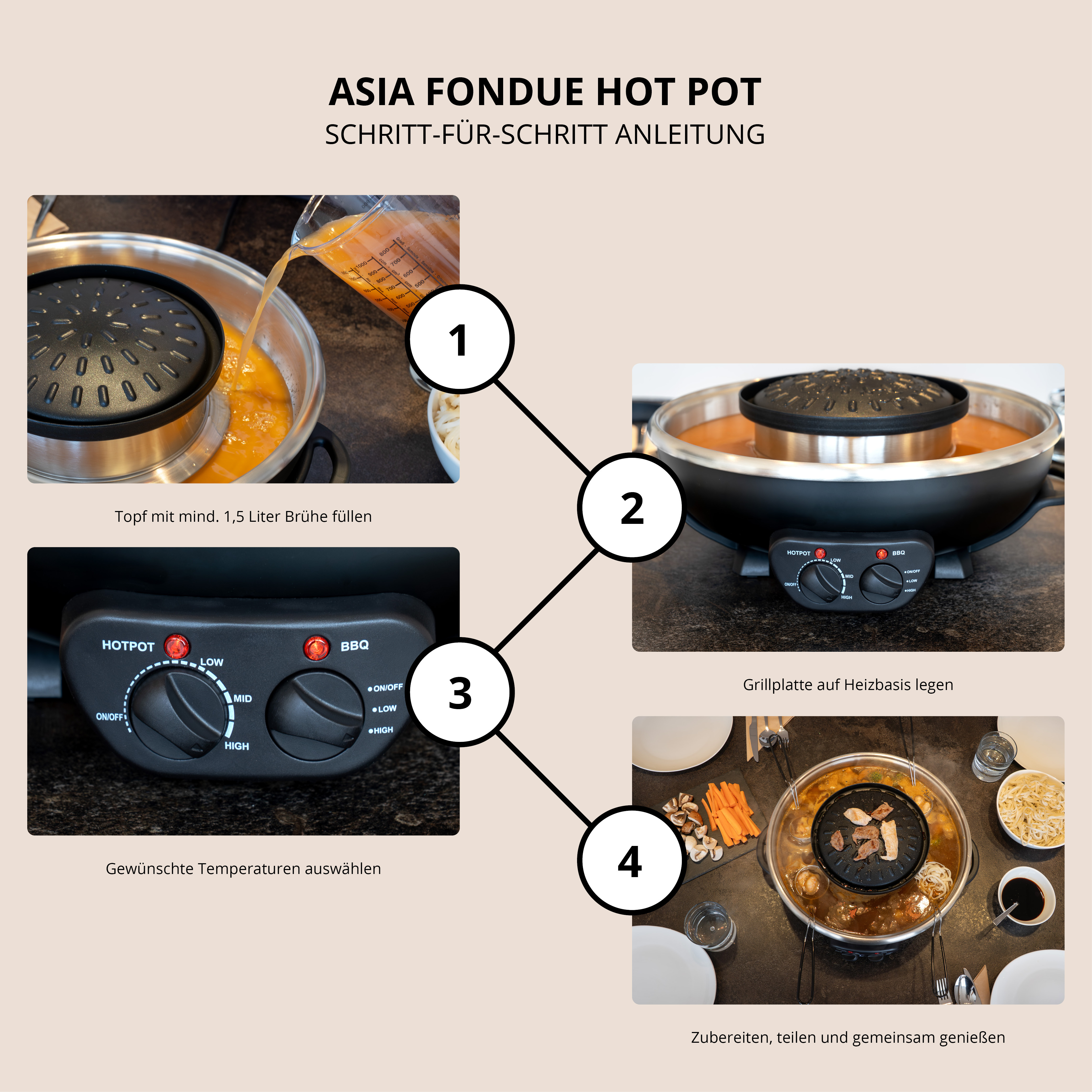 Schritt-für-Schritt-Anleitung für Asien-Fondue-Hot-Pot mit Brühe, Grillplatte, Temperatureinstellung und Essen.