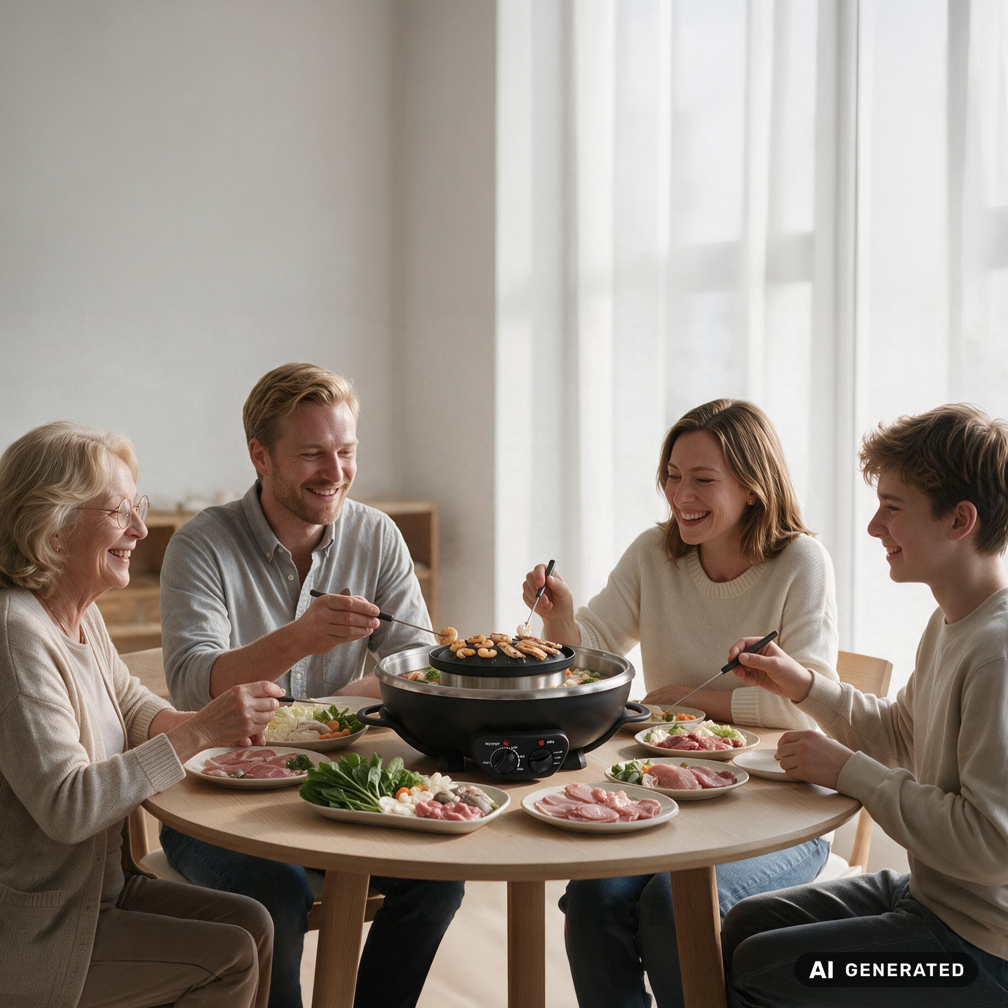 Eine glückliche vierköpfige Familie versammelt sich am Holztisch und kocht fröhlich in einem elektrischen Tischgrill.