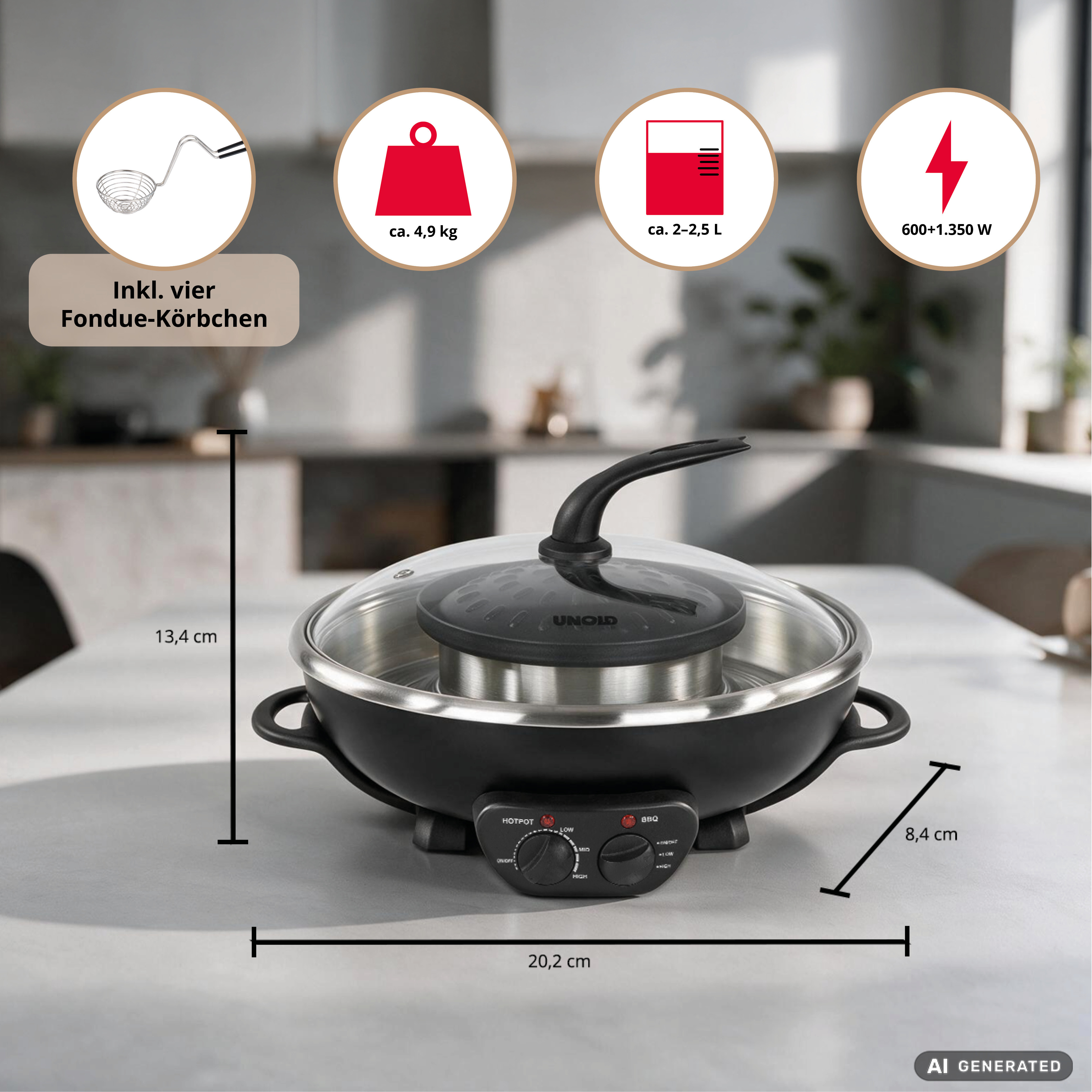 Elektrischer Hotpot mit Glasdeckel und Maßen auf einem Küchentisch, umgeben von Infokreisen.