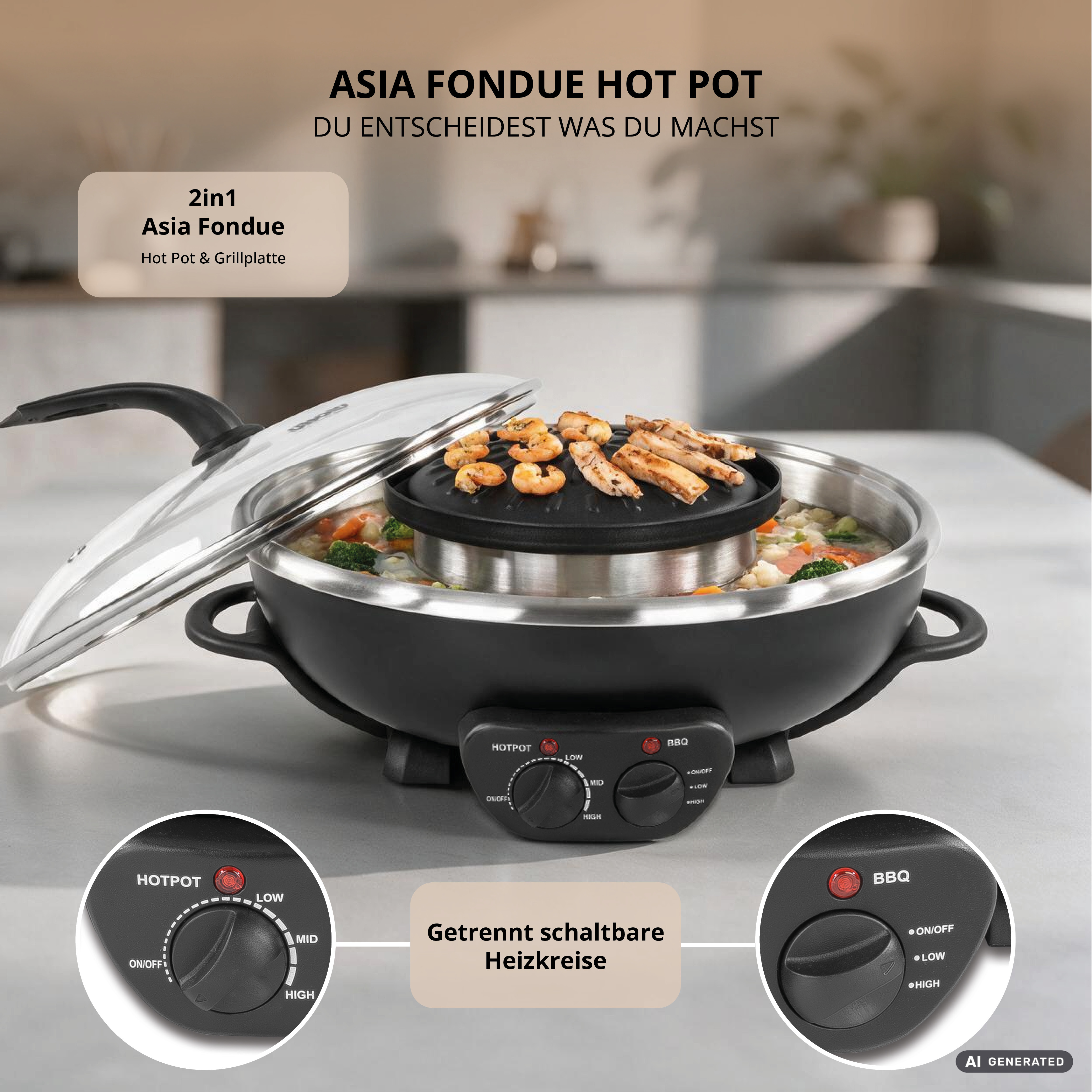 Ein schwarzer 2in1 Asiatischer Fondue Hot Pot und Grill mit Kochgut in einer modernen Küche.