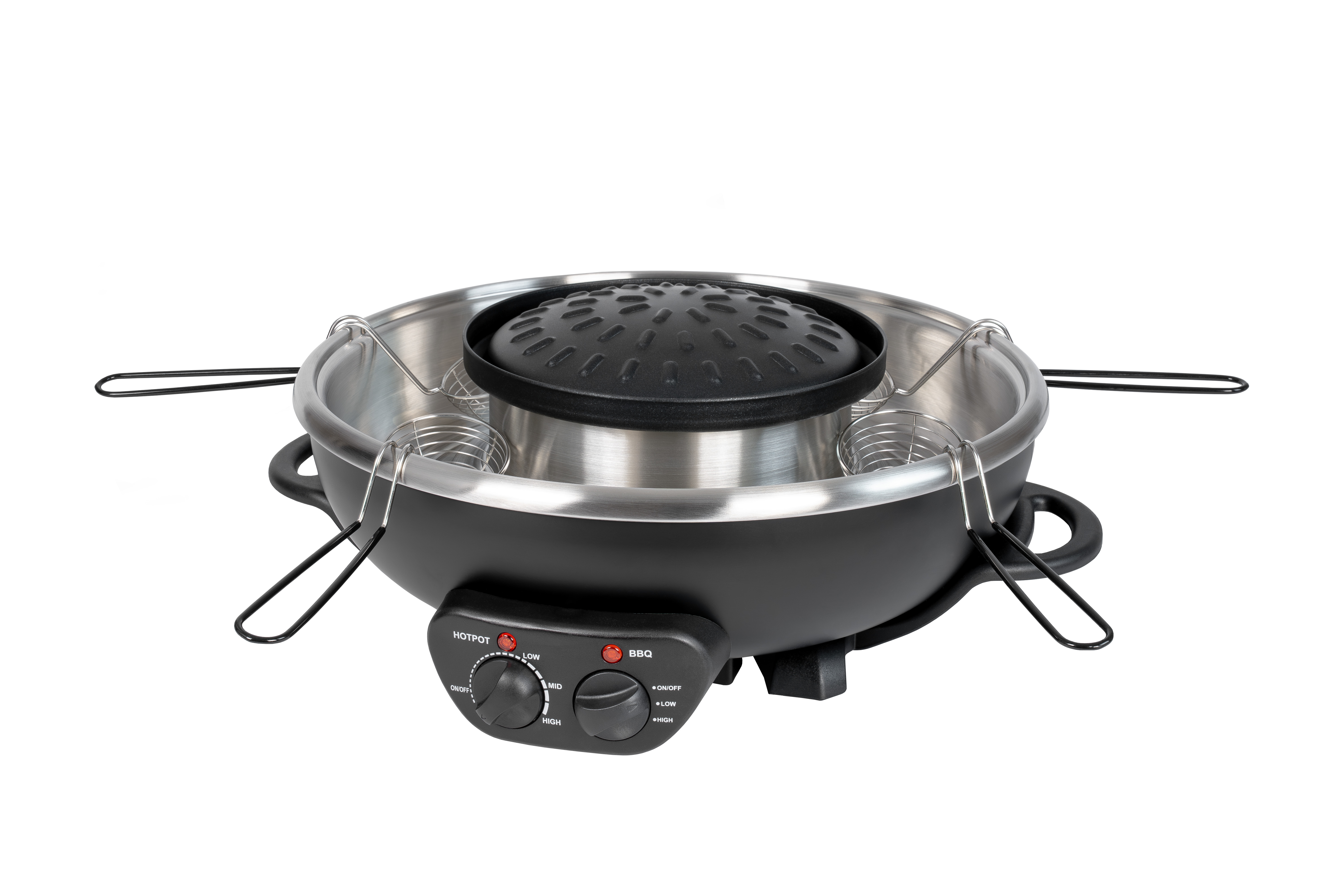 Ein runder, schwarzer und silberner elektrischer Hotpot mit Grill und kleinen Körben auf weißem Hintergrund.