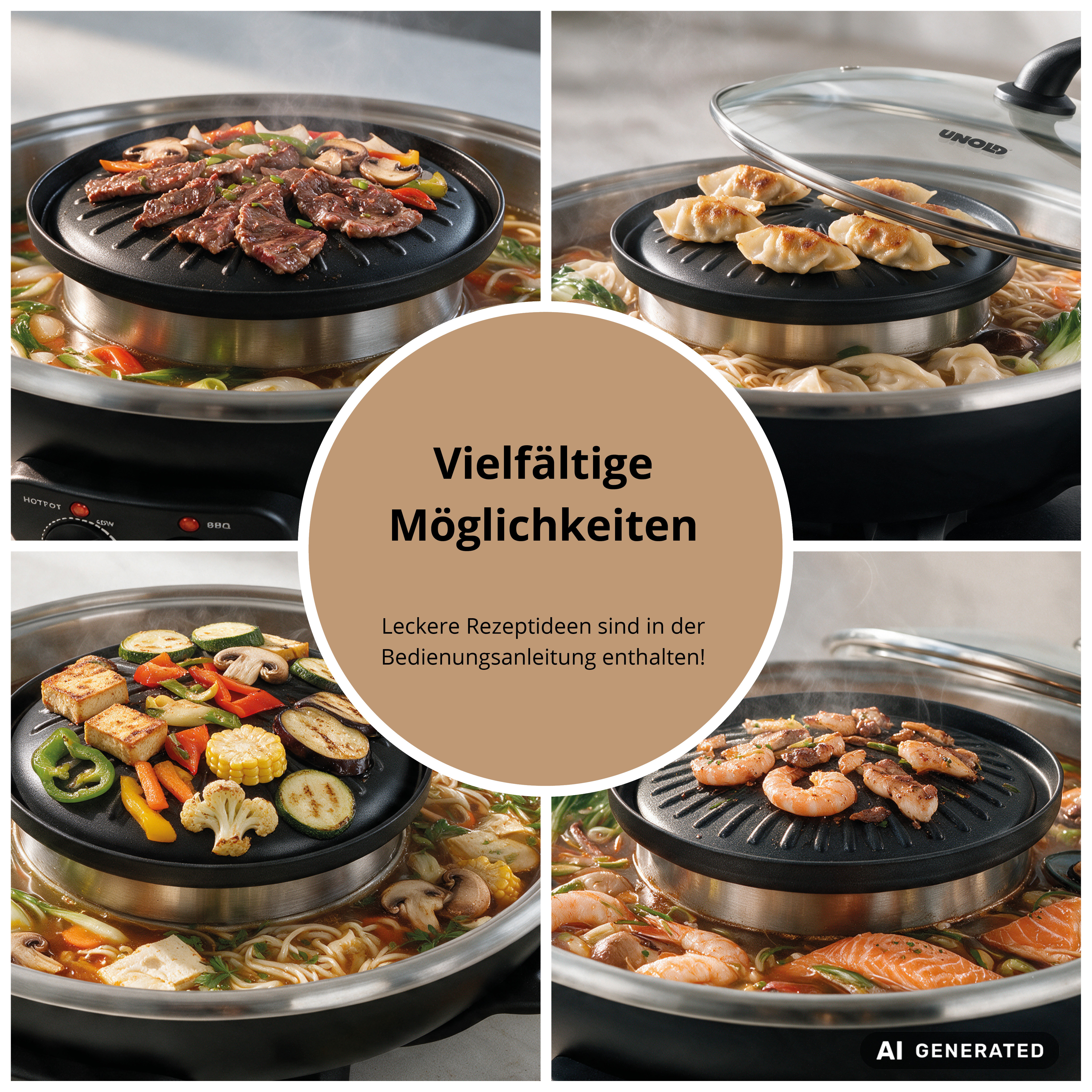 Ein Hotpot mit Grillplatte zeigt verschiedene Gerichte wie Fleisch, Dumplings, Gemüse und Meeresfrüchte.