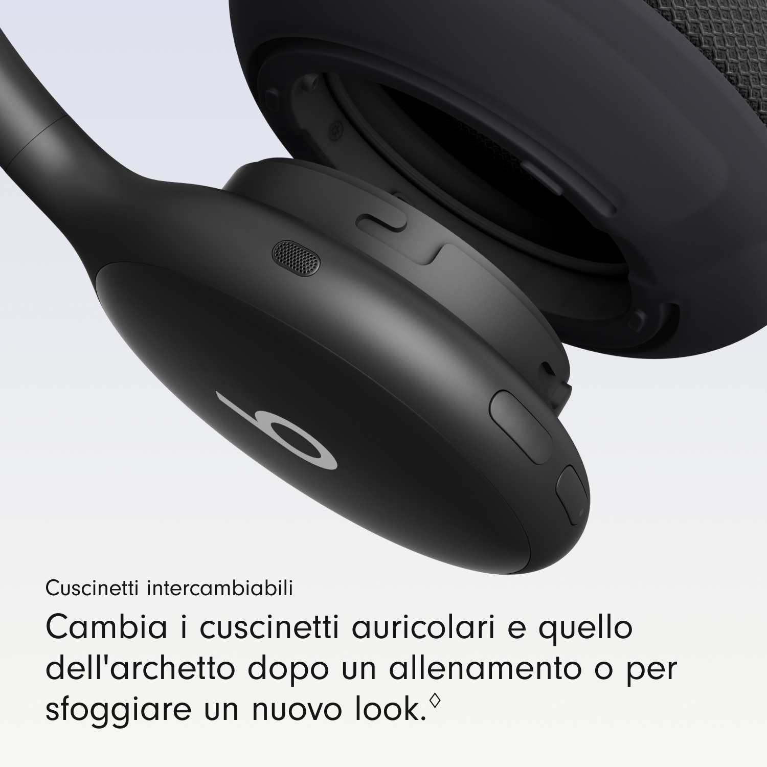 Cuffie nere con cuscinetti intercambiabili e testo in basso.
