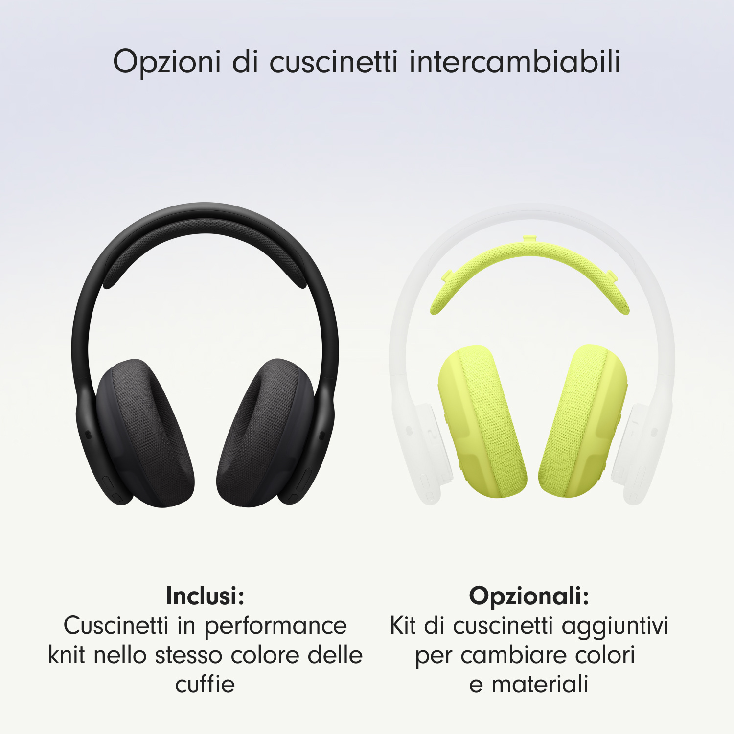 Cuffie nere a sinistra, parti di ricambio verde lime e bianche a destra.