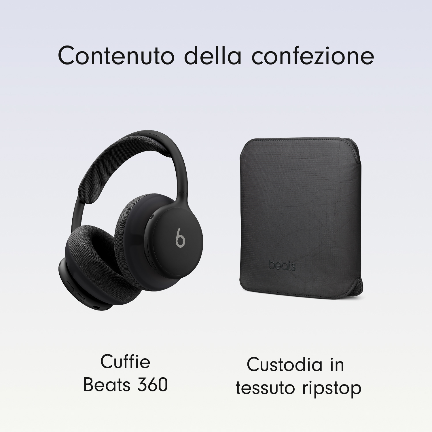 Cuffie Beats nere e custodia in tessuto su sfondo chiaro.