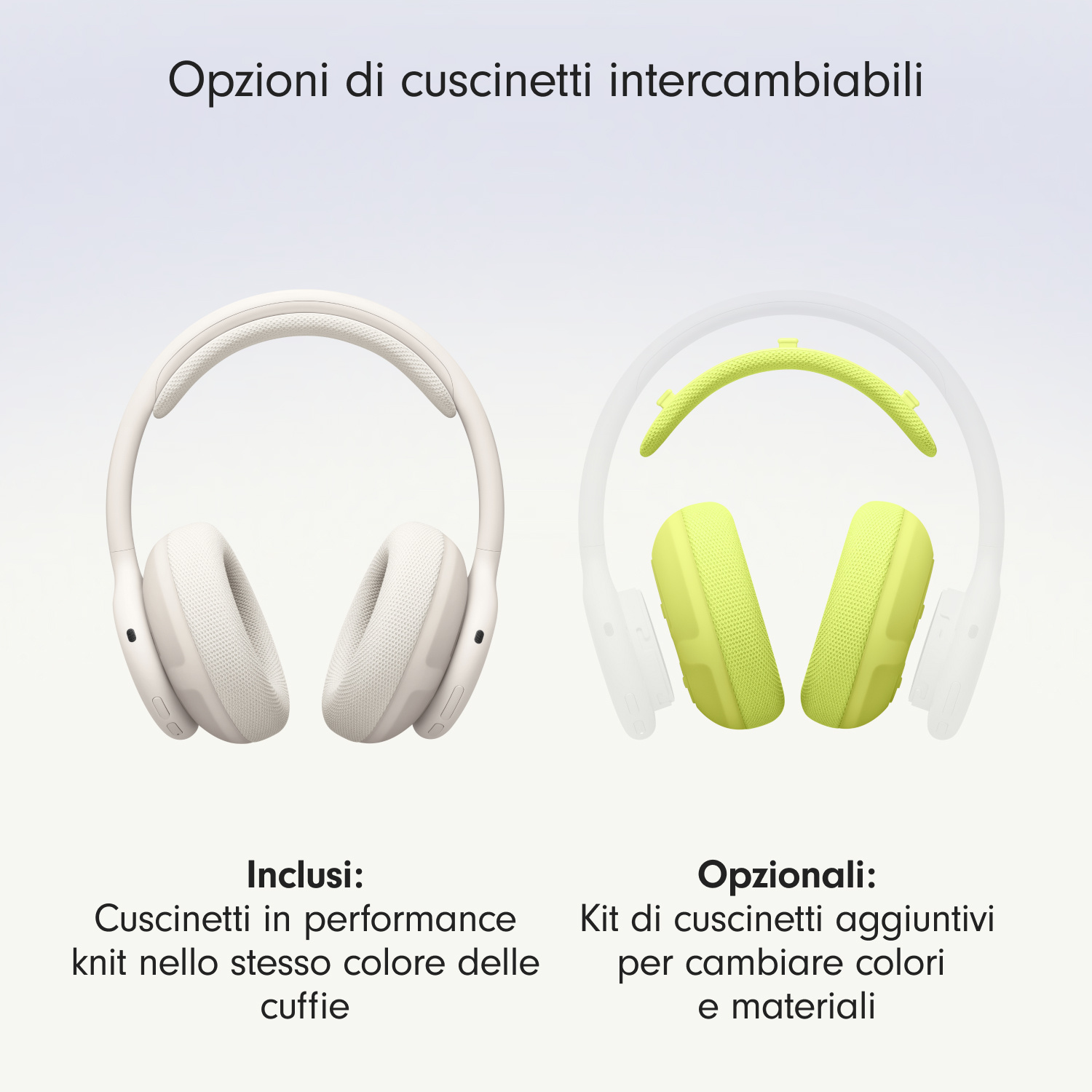 Cuscinetti per cuffie intercambiabili in beige e opzionali in verde neon con testo esplicativo.