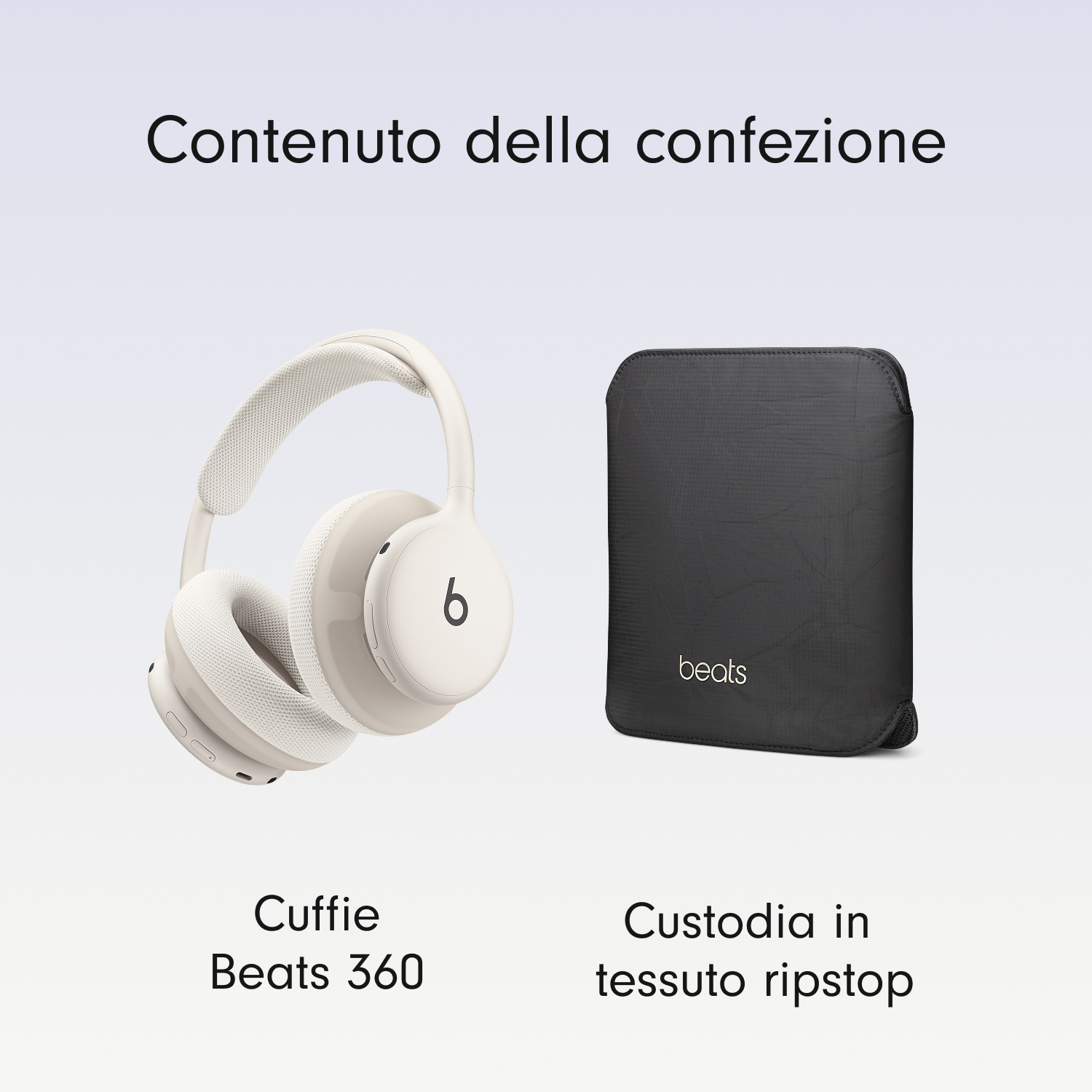 Cuffie Beats beige e custodia nera con testo Contenuto della confezione.