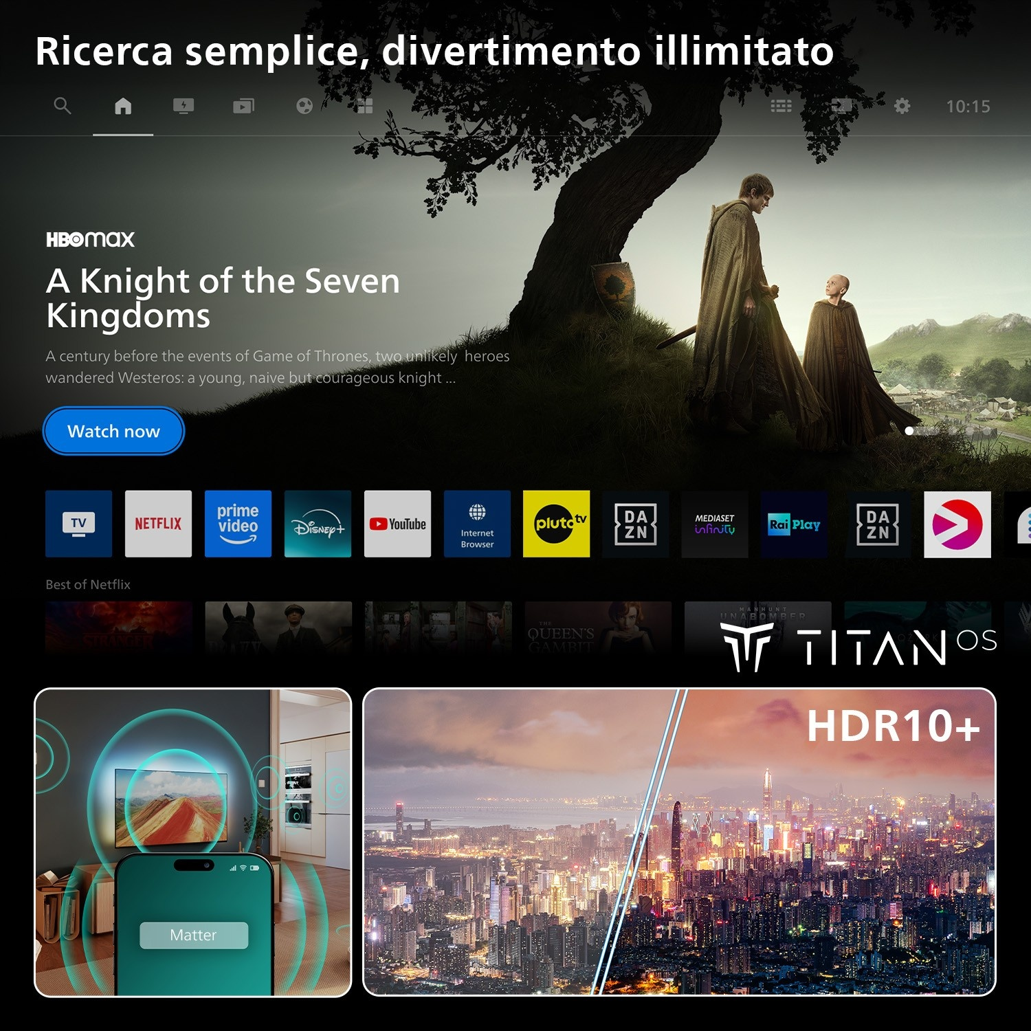 Interfaccia Smart TV con promozione HBO Max, icone app e due schermate per Matter e HDR10+.