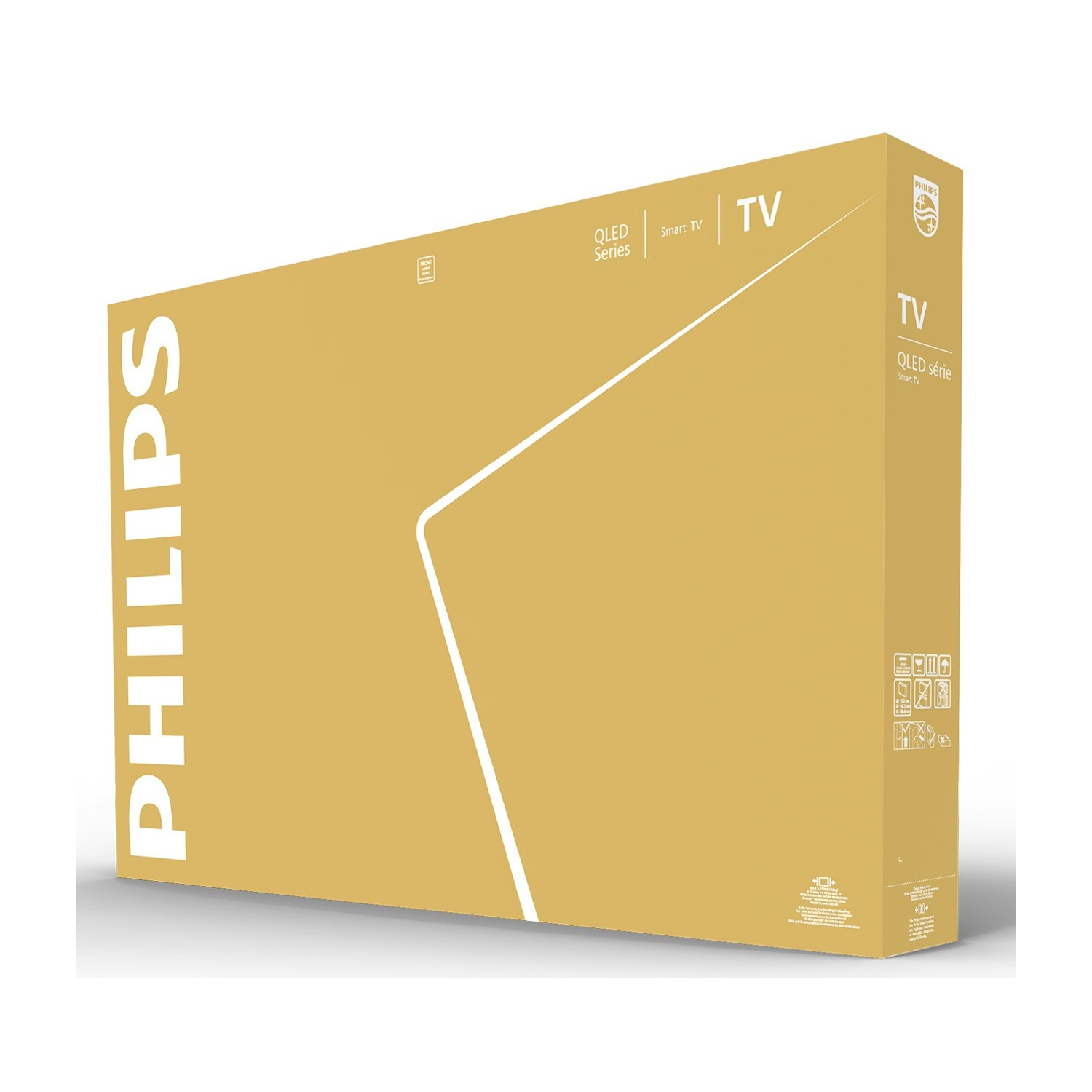 Scatola di imballaggio per smart TV Philips QLED gialla con marchio bianco.