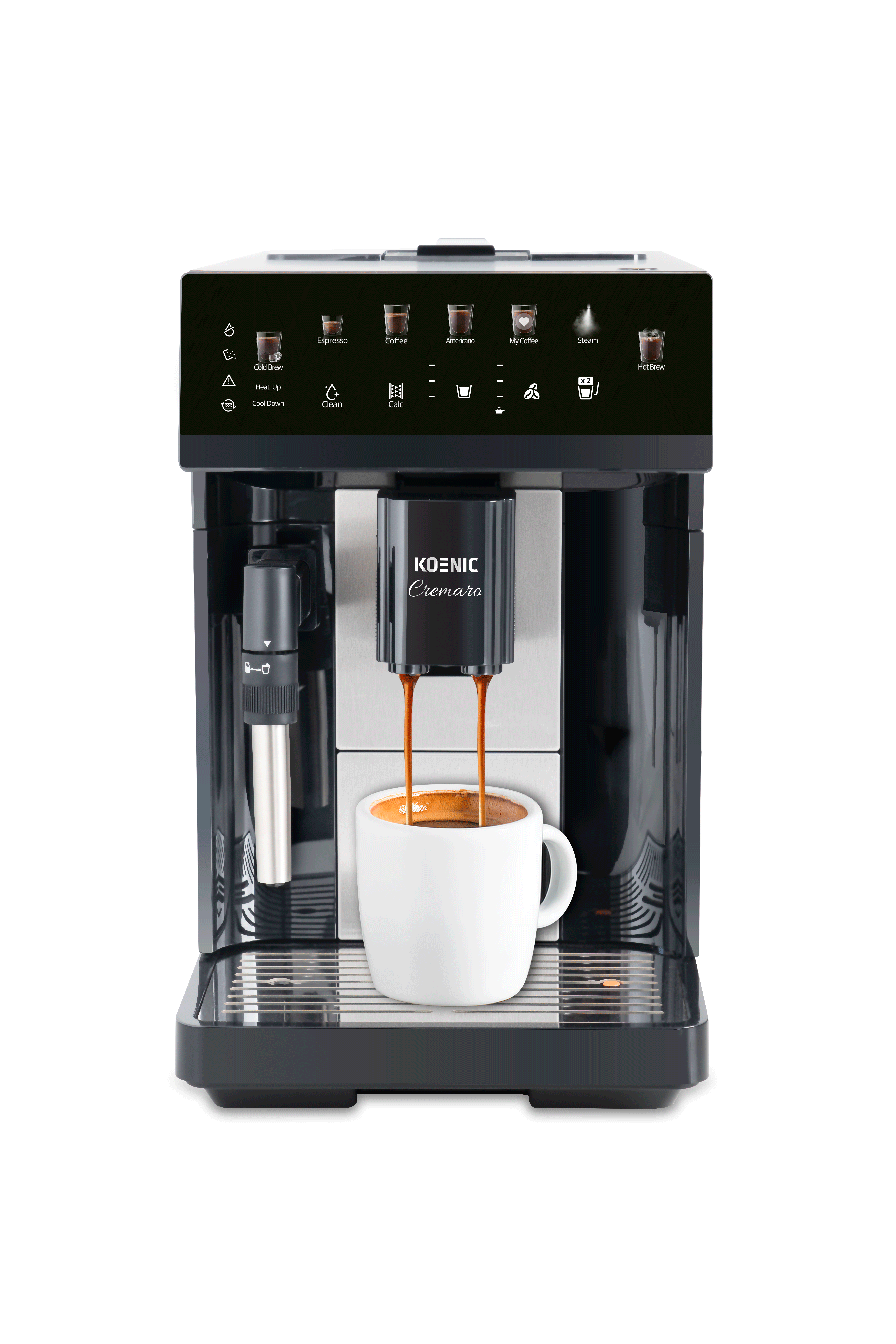 Schwarzer Koenic Cremaro Kaffeevollautomat, der Kaffee in eine weiße Tasse gießt.