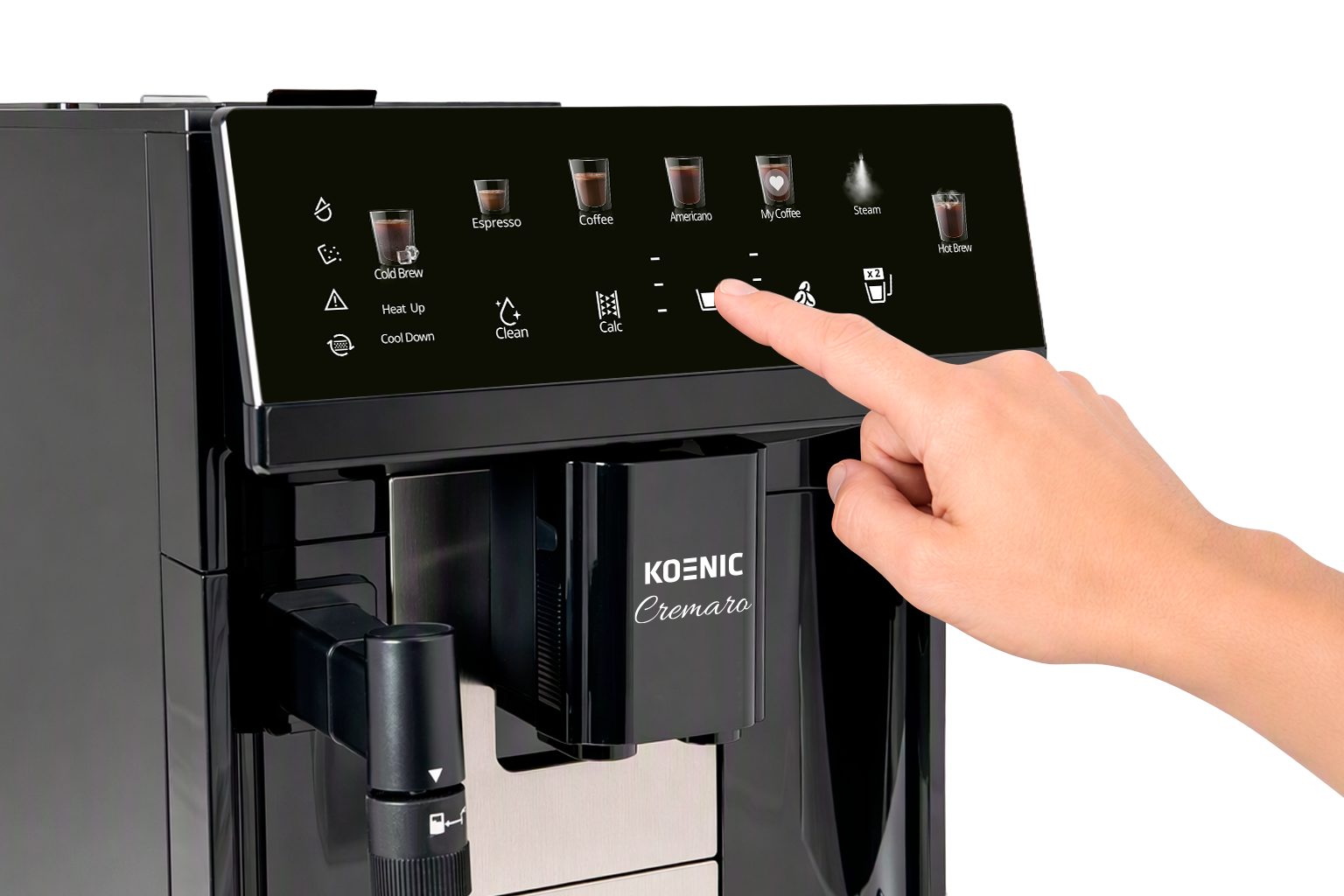 Eine Hand bedient das Touch-Display eines schwarzen Koenic Cremaro Kaffeevollautomaten.