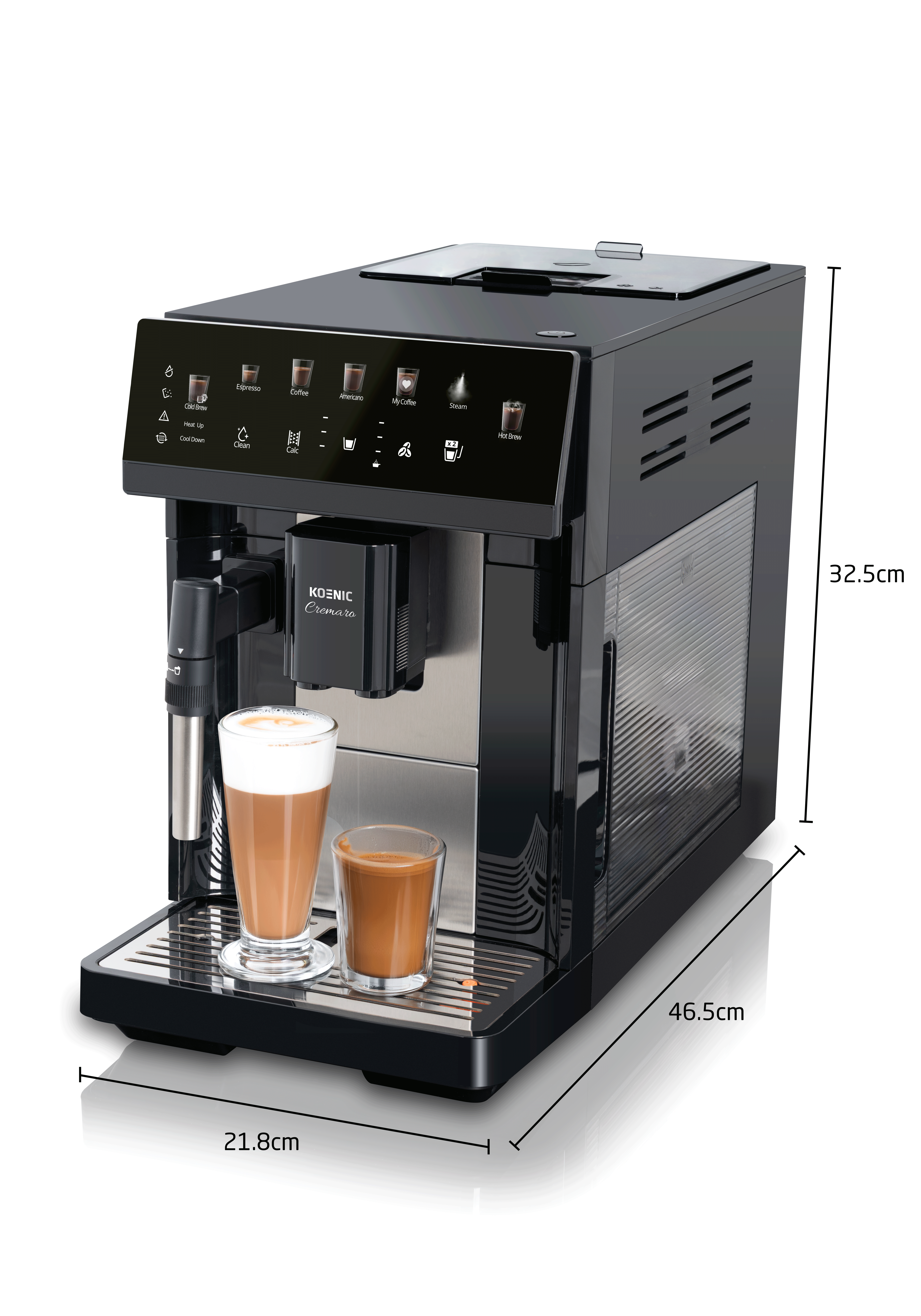 Schwarze Koenic Cremaro Kaffeemaschine mit digitalem Touch-Display, Milchaufschäumer und zwei Gläsern.