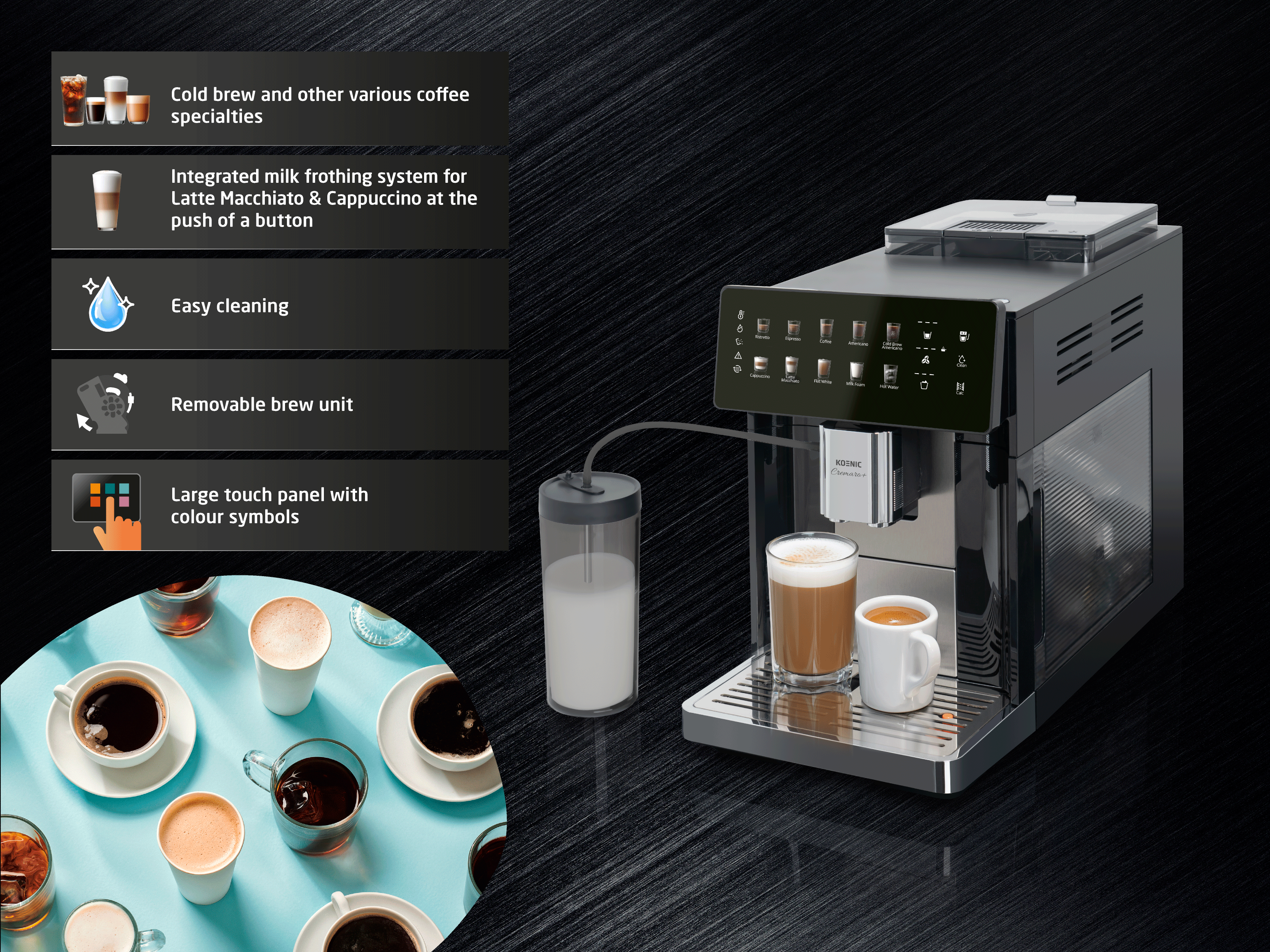 Moderne Kaffeemaschine mit Milchbehälter, Touch-Bedienfeld und verschiedenen Kaffeespezialitäten.